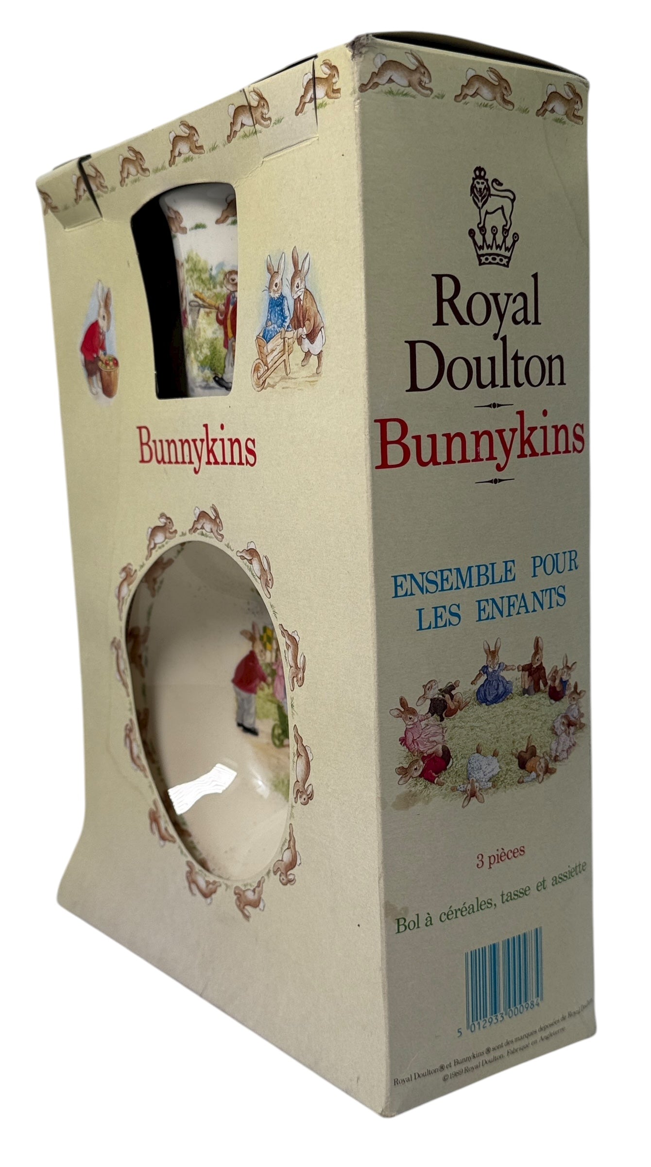1989 Royal Doulton Bunnykins 3-piece children’s set made in England. Vintage boxed bone china with charming nursery scenes.