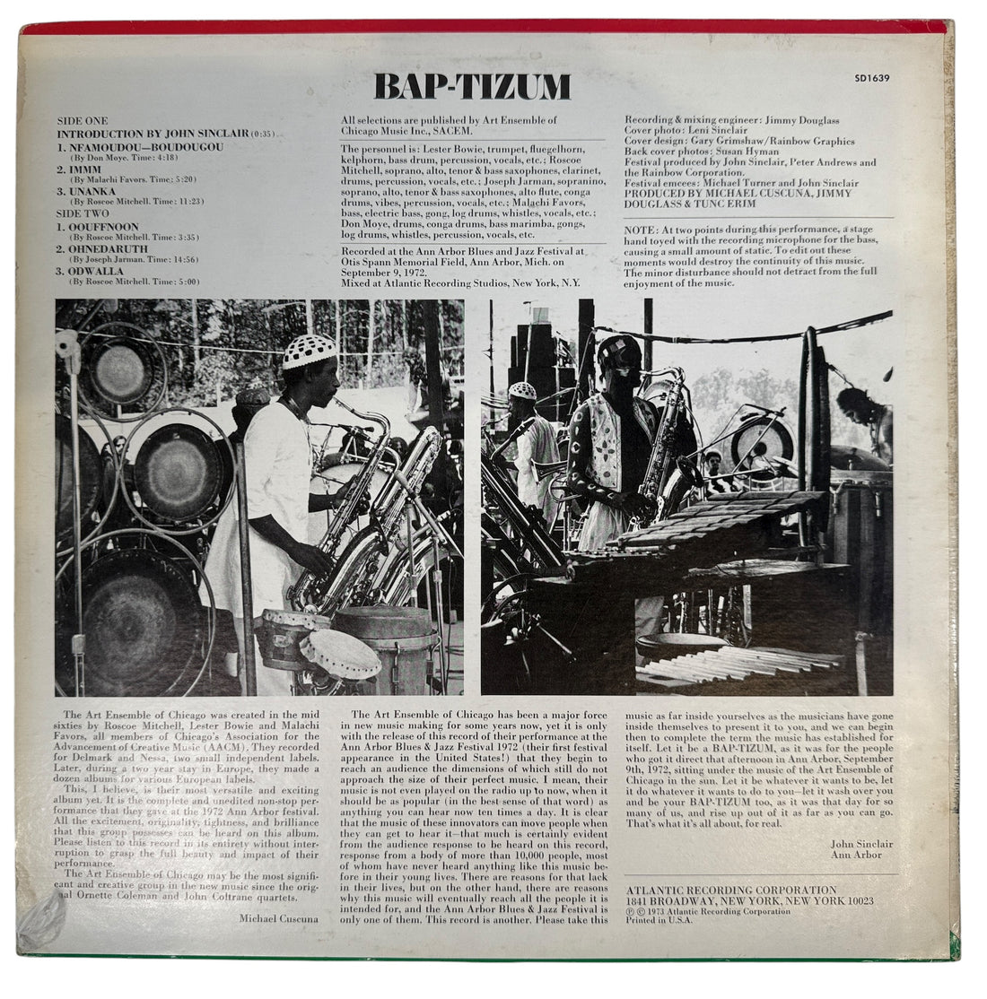 Live 1972 Ann Arbor Jazz Festival LP by the Art Ensemble of Chicago. 1973 Atlantic first pressing. Iconic free jazz performance and collector’s favorite.