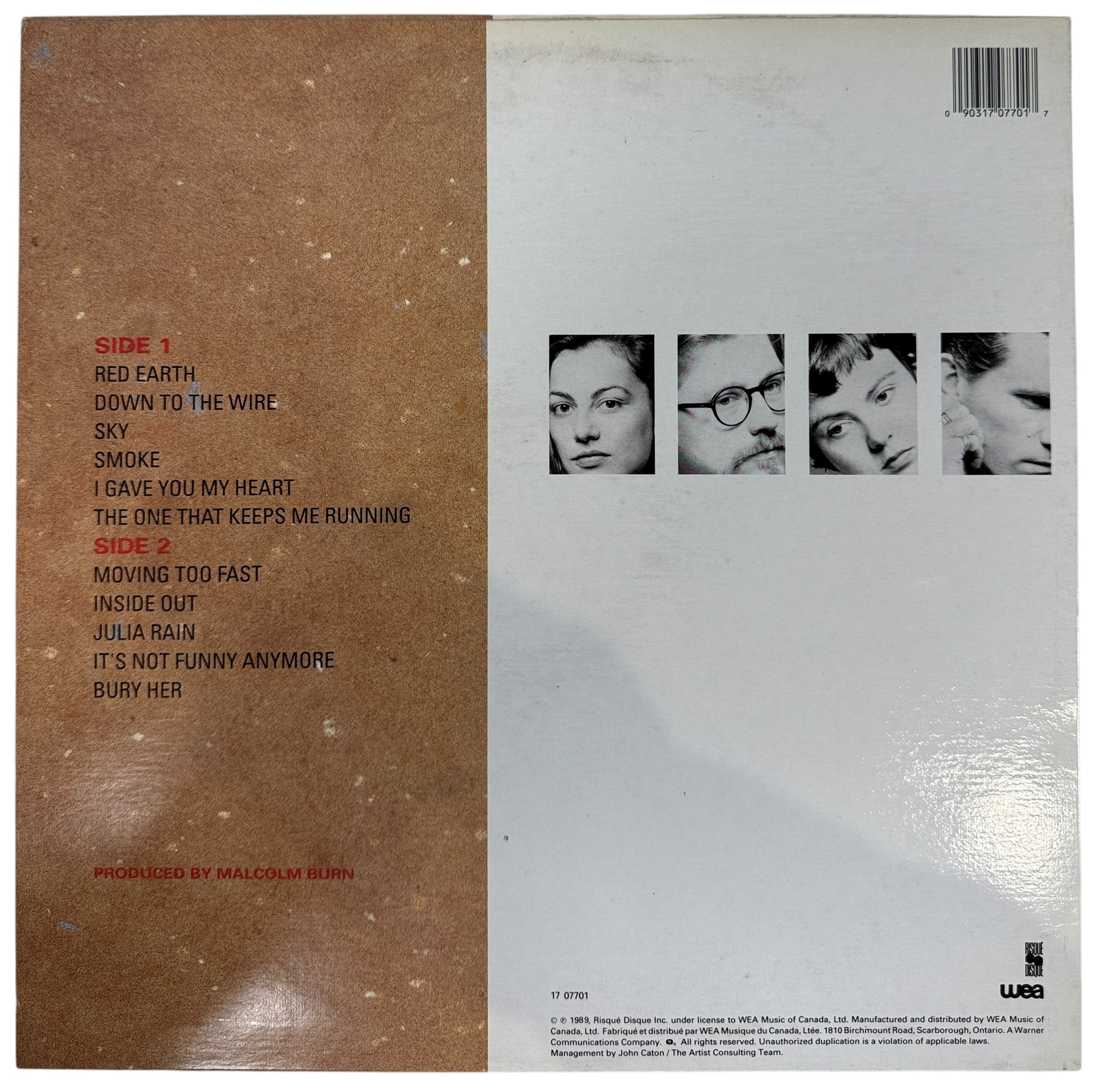 1989 Canadian LP Red Earth by Crash Vegas on Risqué Disque/WEA. VG+ vinyl, lyric sleeve included. Rare folk-rock pressing from late-’80s Canada.