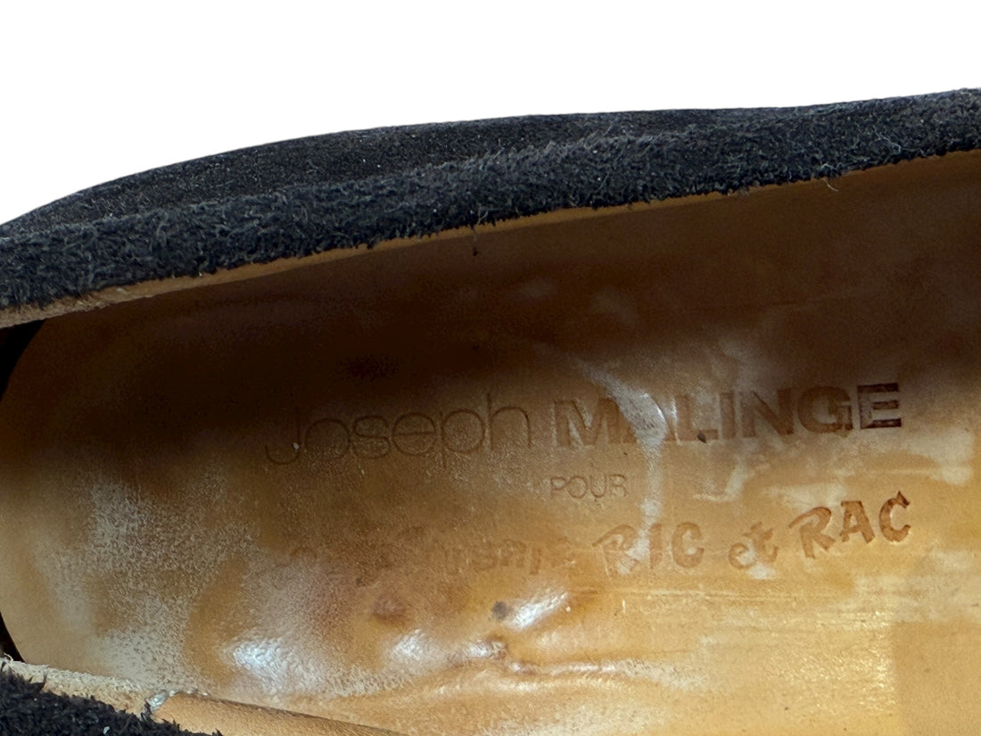 Vintage Joseph Malinge brown suede loafers, handmade in France. Elegant European craftsmanship in excellent condition, available from Eco Depot Montreal.