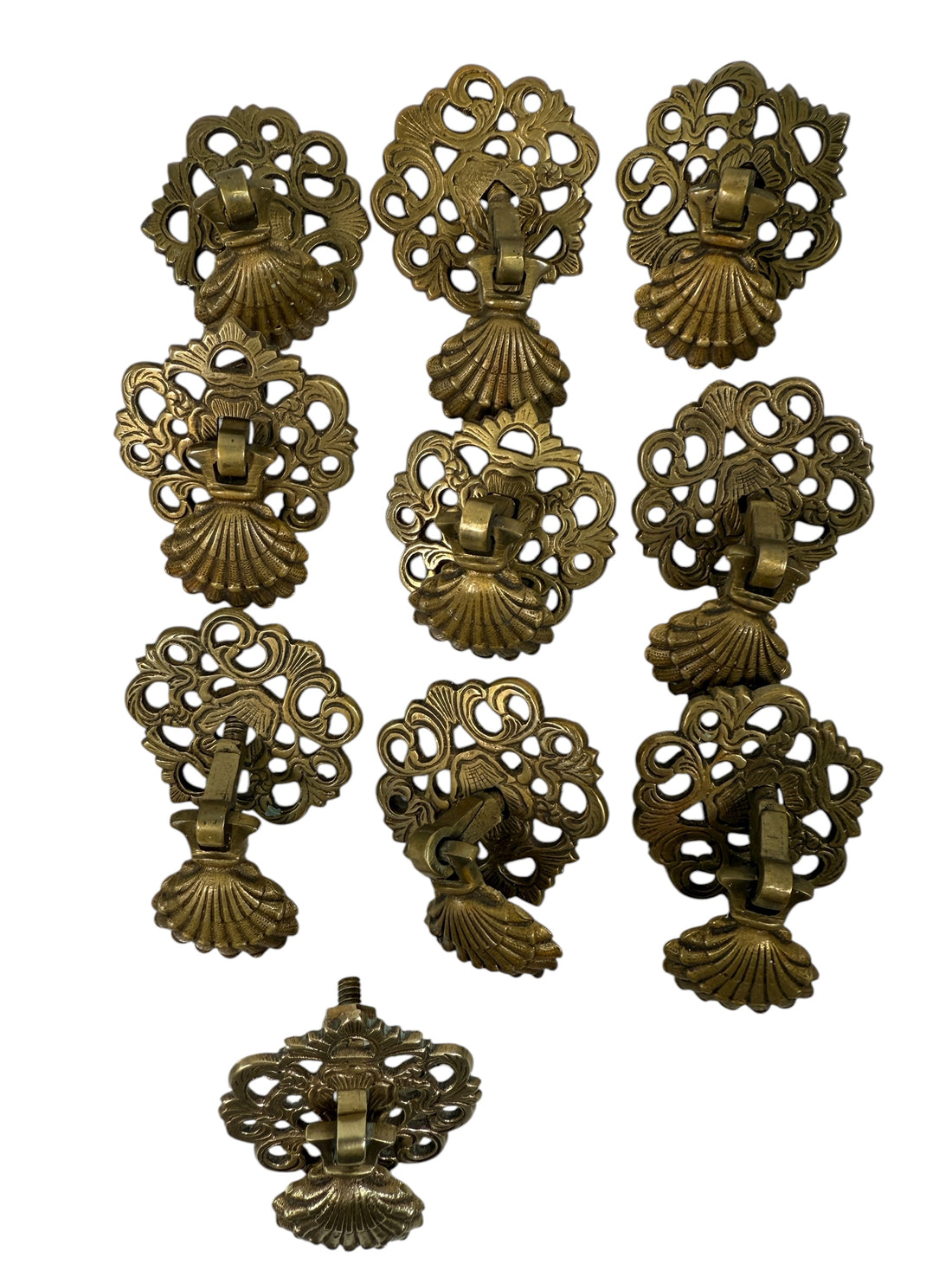 Vintage brass Chippendale drawer pulls set of 14, ornate shell drop handles for dresser or vanity restoration. Solid brass aged patina furniture hardware.