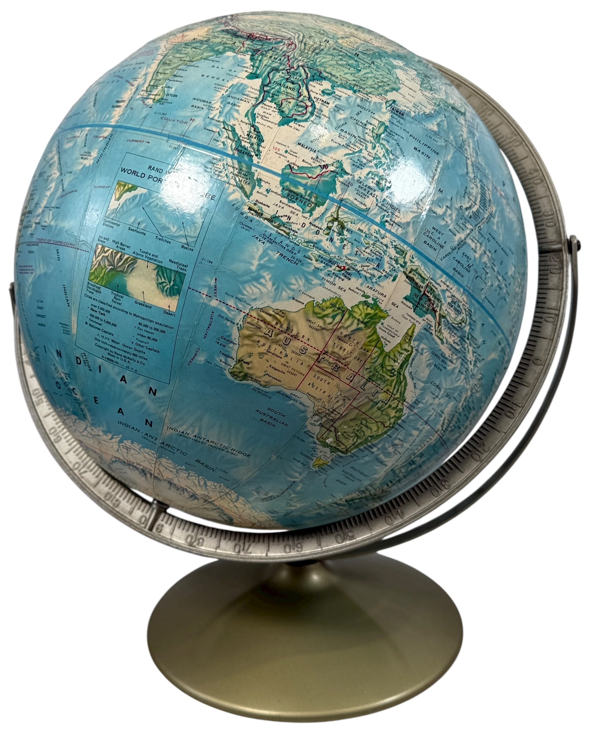 Vintage 1990 Rand McNally raised relief world globe showing USSR and unified Germany — Cold War era map with textured terrain and metal stand, Made in USA.