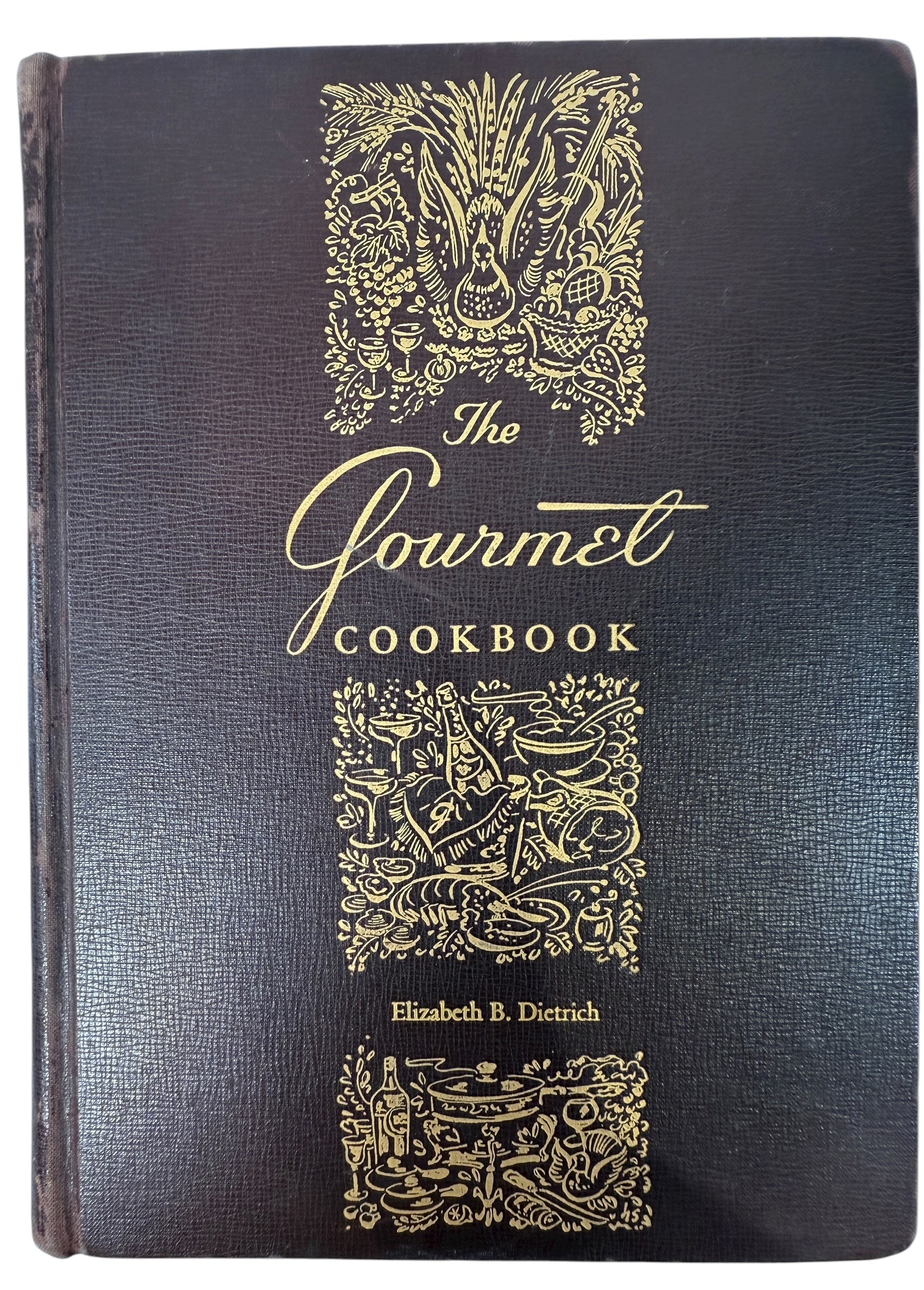 Vintage 1950 Gourmet Cookbook by Elizabeth B. Dietrich. Early edition from Gourmet Magazine with gilt cover and color plates. Classic mid-century collectible.