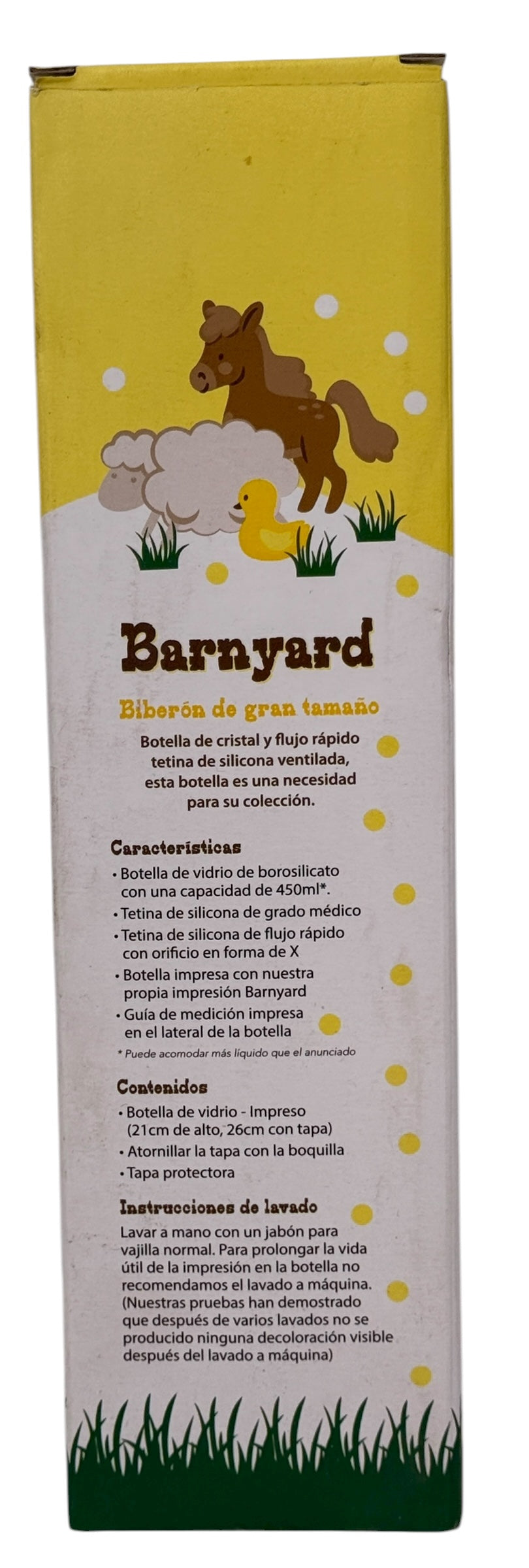 Rearz Barnyard oversized glass adult baby bottle, full-print barn animals, borosilicate glass, silicone nipple. Rare adult-sized collectible & display piece.