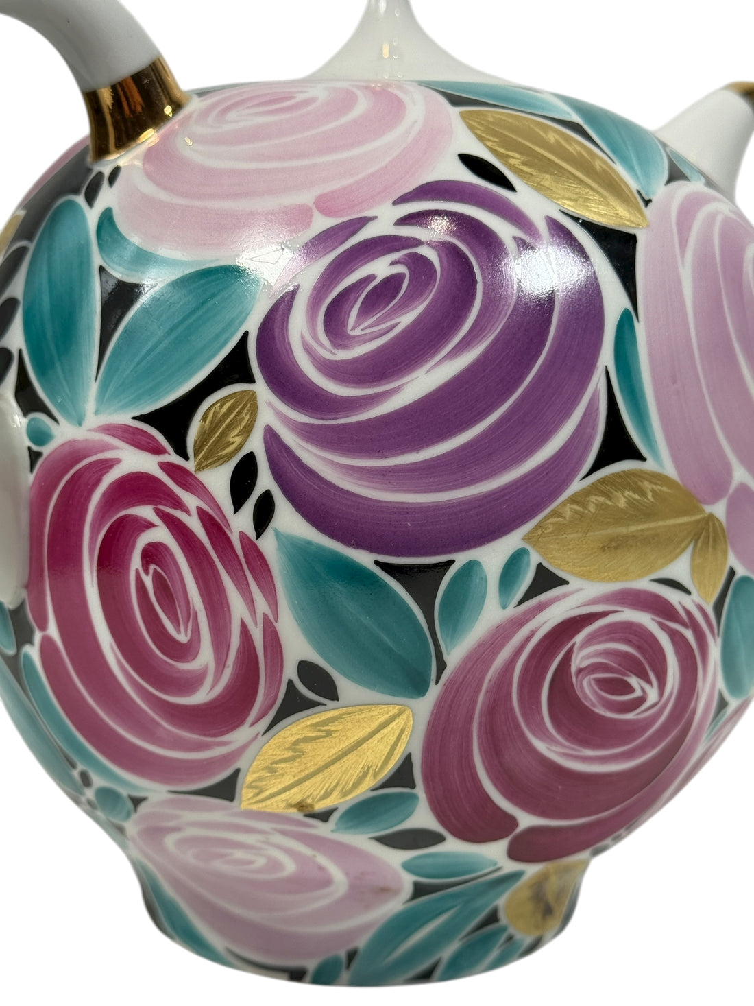 Vintage Lomonosov LFZ 1980s porcelain teapot with hand-painted roses and gold trim. Collectible Soviet-era floral design in excellent condition.