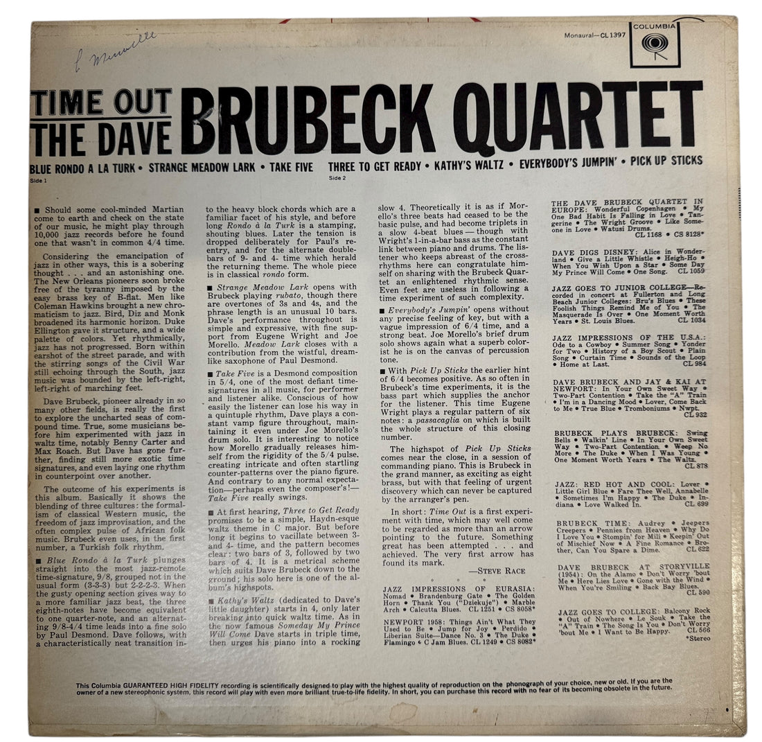 Dave Brubeck Time Out mono 6-eye Canadian CL 1397. Early 1960s Columbia pressing with iconic Fujita art. Classic jazz LP featuring Take Five.