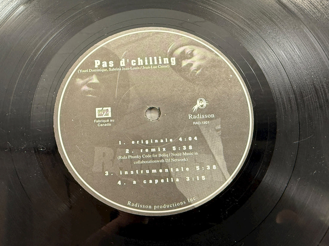 Rare Radisson Productions Pas d’chilling Move On 12” Canadian hip hop single. VG vinyl, scarce Québec indie rap release with remix and instrumental versions.