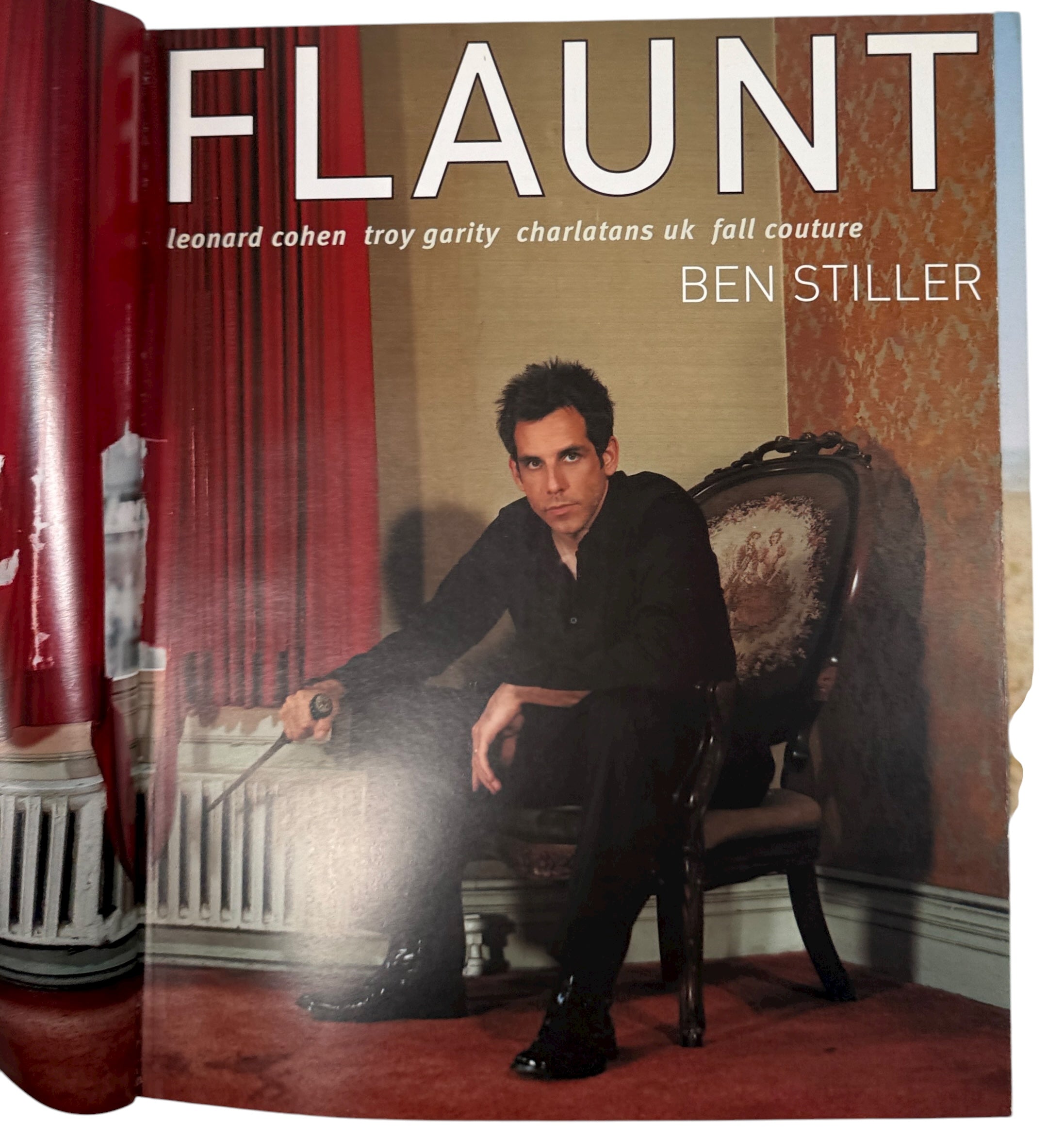 Vintage Flaunt Magazine Oct 2001 with Ben Stiller cover and Leonard Cohen feature. VG+ with original You Glow Ghoul insert. Collectible early 2000s issue.