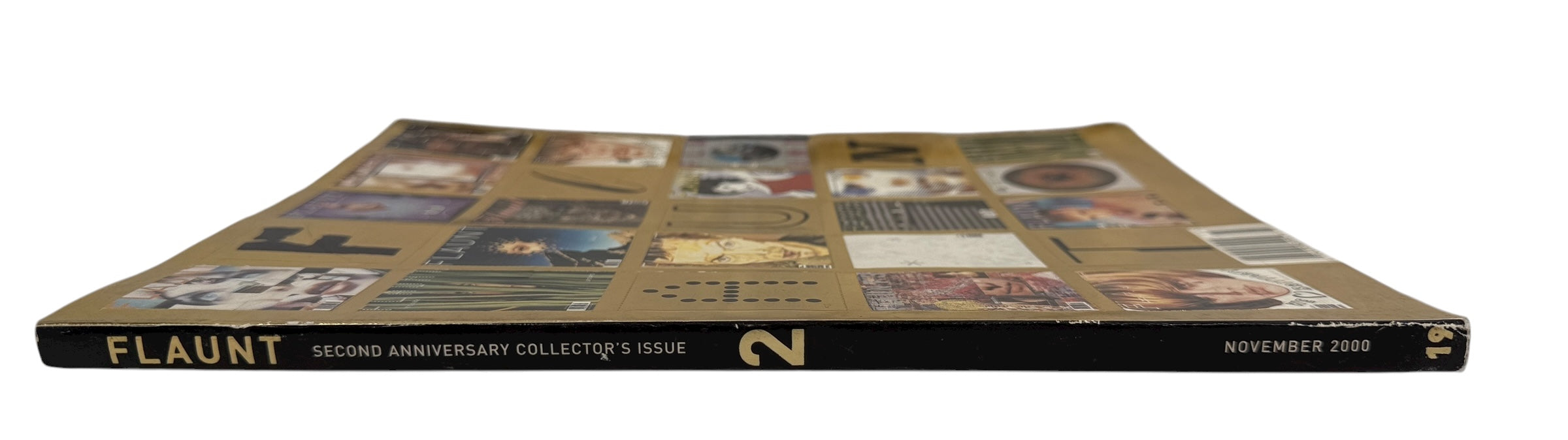 Flaunt Magazine Second Anniversary Nov 2000. Gold-foil mosaic cover, VG condition, clean pages. Rare early collector issue for fashion and design fans.