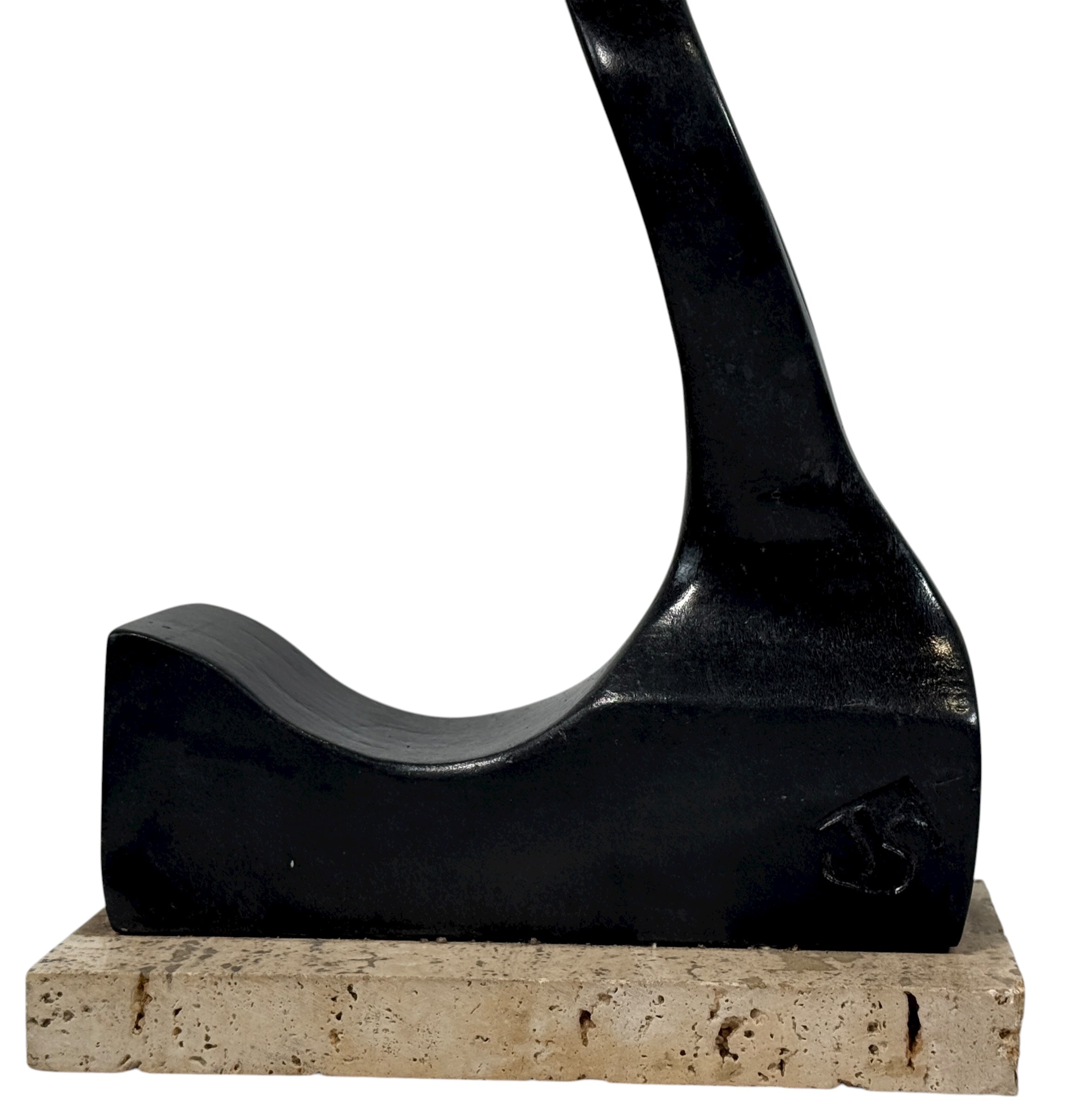 Large signed abstract wood sculpture on granite base, 18.75” tall. Modern studio-crafted décor piece with bold form and artisan finish.