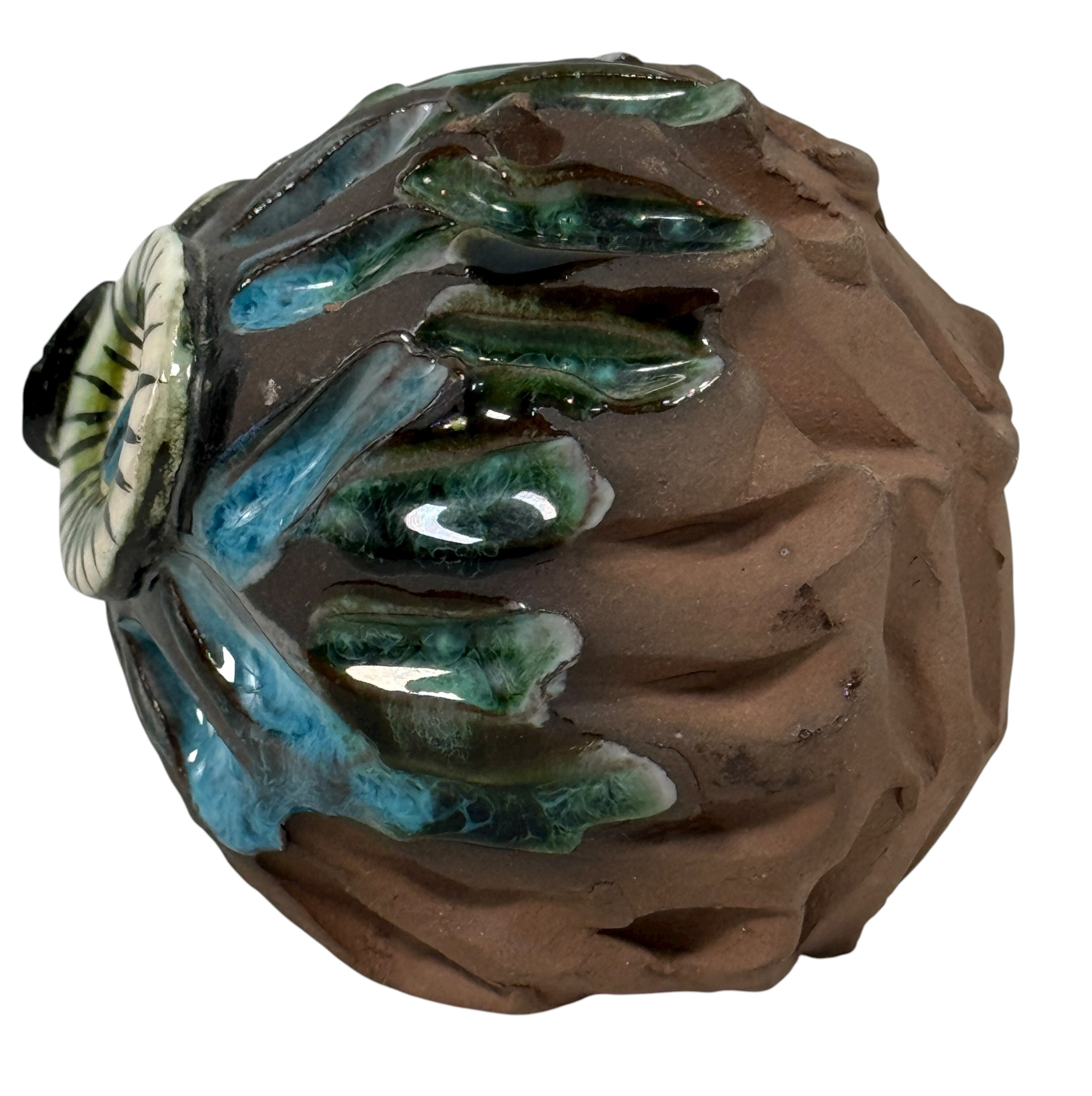 Handmade studio pottery owl sculpture in terracotta with glazed details. Mid-century style decor, artisan-crafted, unique collectible ceramic figure.