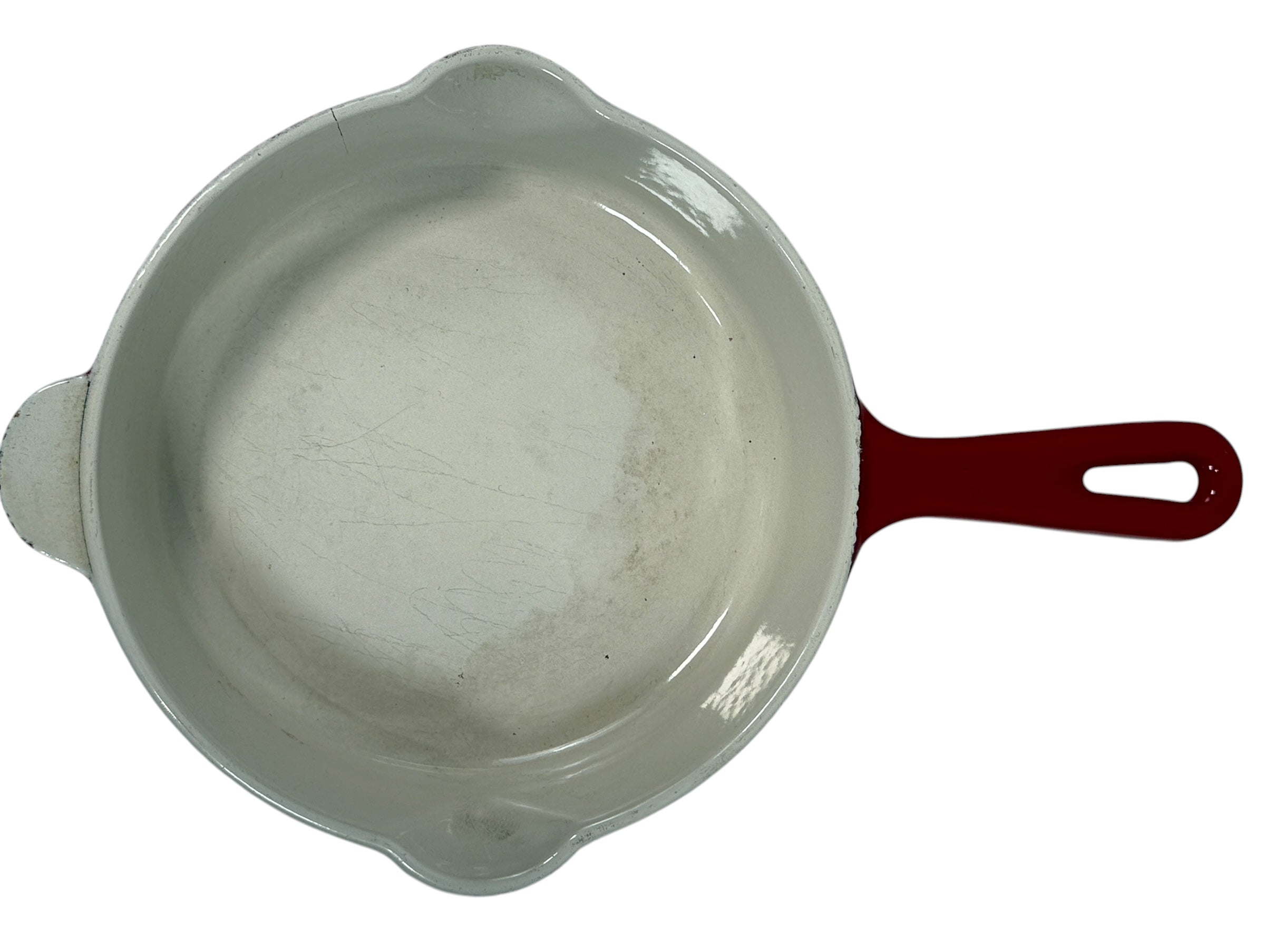 Vintage Cousances Le Creuset #16 enameled cast iron skillet in Flame red. French-made, functional with vintage wear. Great for cooking or display.