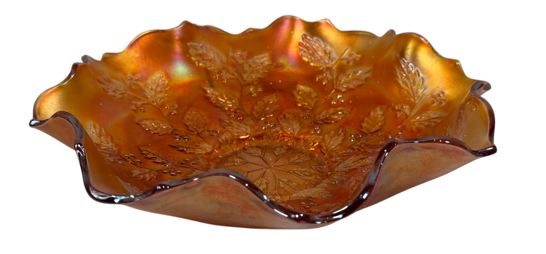 Vintage Fenton marigold carnival glass bowl in Leaf &amp; Berry pattern with ruffled edge. Strong iridescence, early 1900s American glass. VG condition.