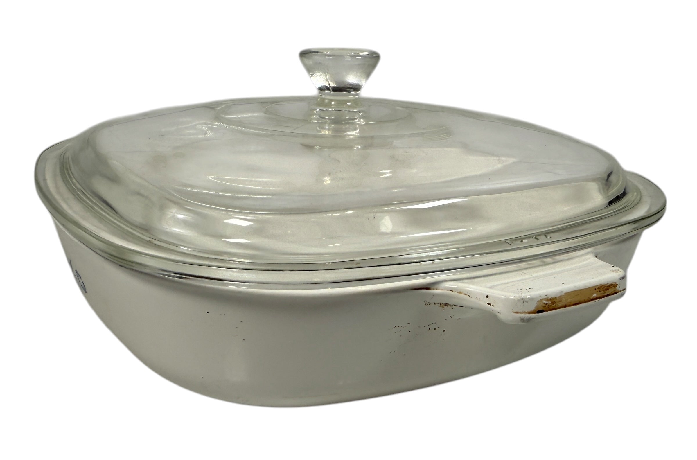 Vintage Corning Ware P-9 Blue Cornflower 9-inch casserole with glass lid. Canadian-made pyroceram cookware. Clean interior and functional vintage condition.