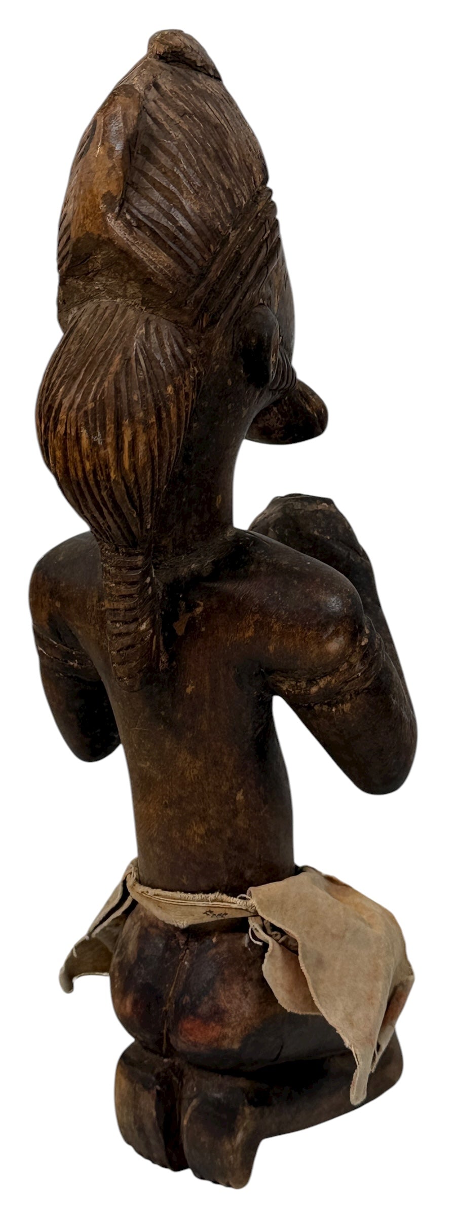 Mid-century African Baule-style carved kneeling figure with aged patina and cloth wrap. Vintage West African sculpture, approx. 11 inches tall.