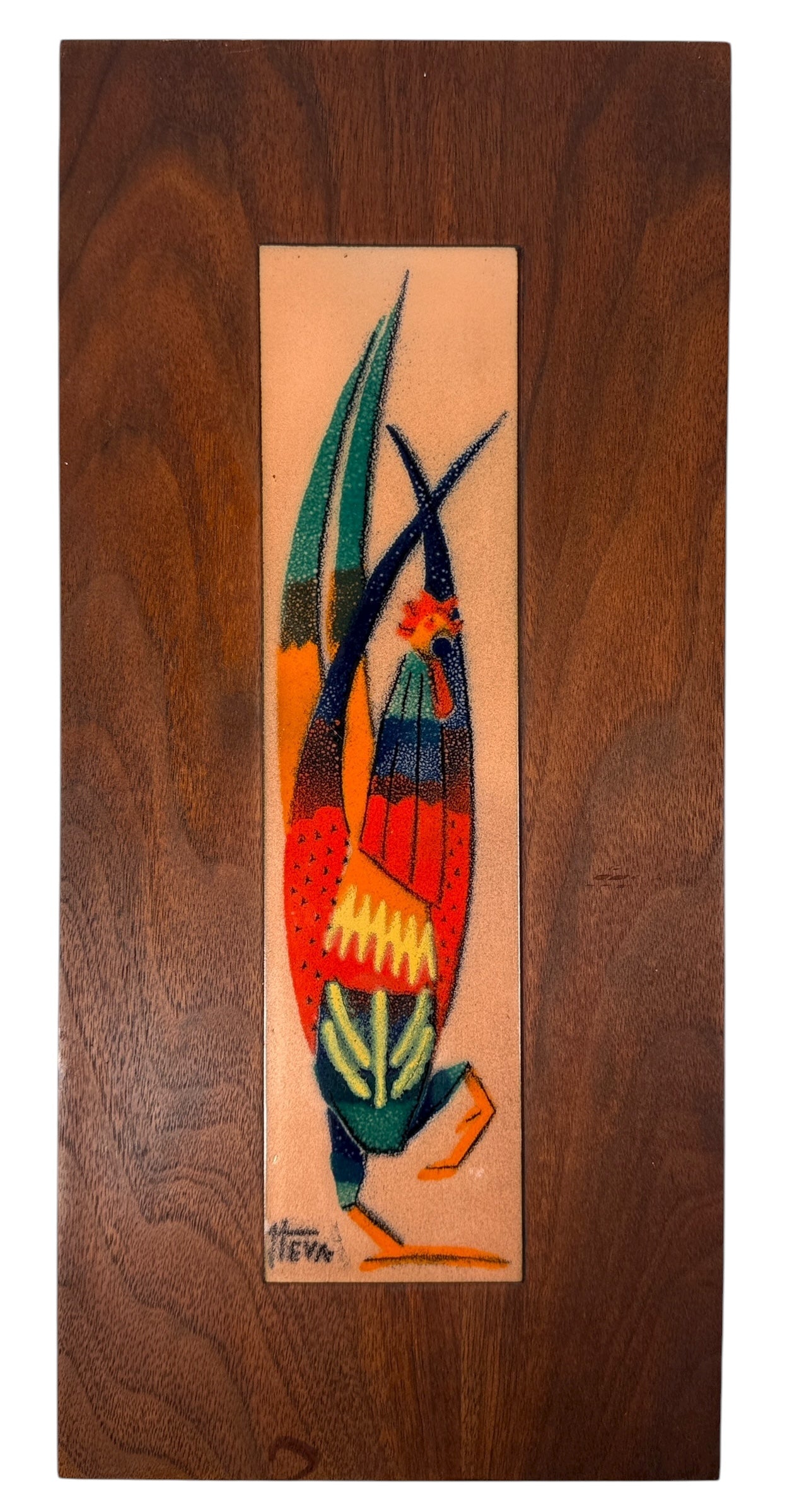 Vintage mid-century HEVA enamel on copper wall plaque with abstract figure, signed and mounted on wood. Québec studio art, 1960s–70s. Great MCM décor piece.