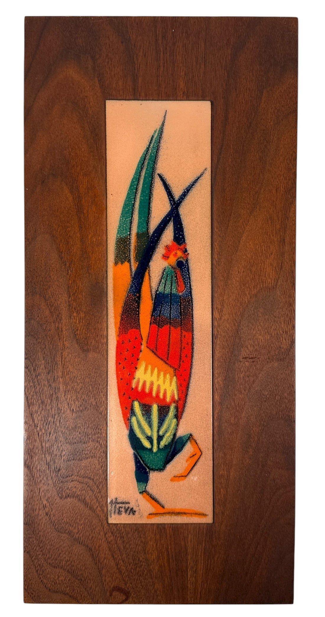 Vintage mid-century HEVA enamel on copper wall plaque with abstract figure, signed and mounted on wood. Québec studio art, 1960s–70s. Great MCM décor piece.