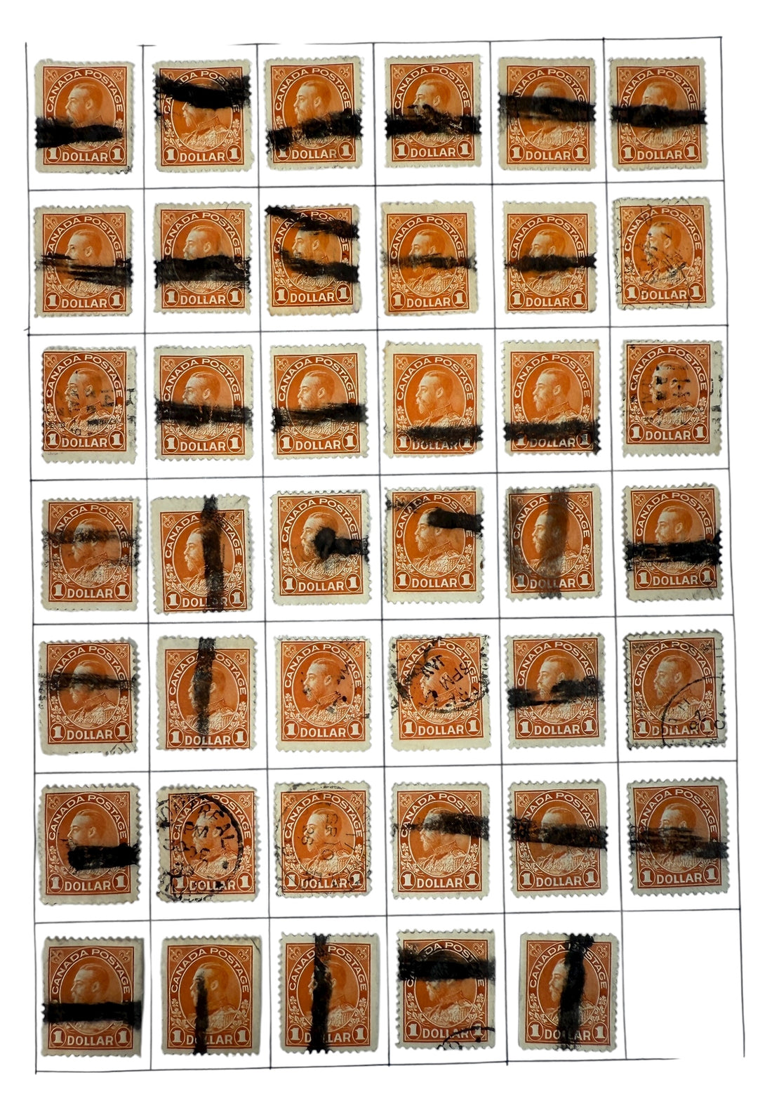 Three complete sheets (120 total) of Canada Scott #122 $1 King George V stamps with fiscal pen cancels. Early 1900s revenue history. Great collector value.