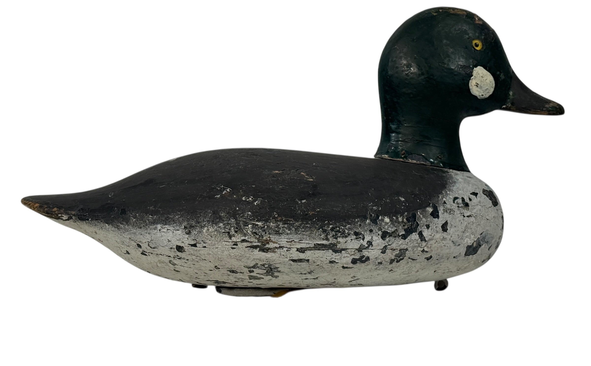 Vintage Quebec duck decoy attributed to Rivest of St-Sulpice. Hand-carved folk art with original ballast and authentic working wear. Collectible Canadian carving.