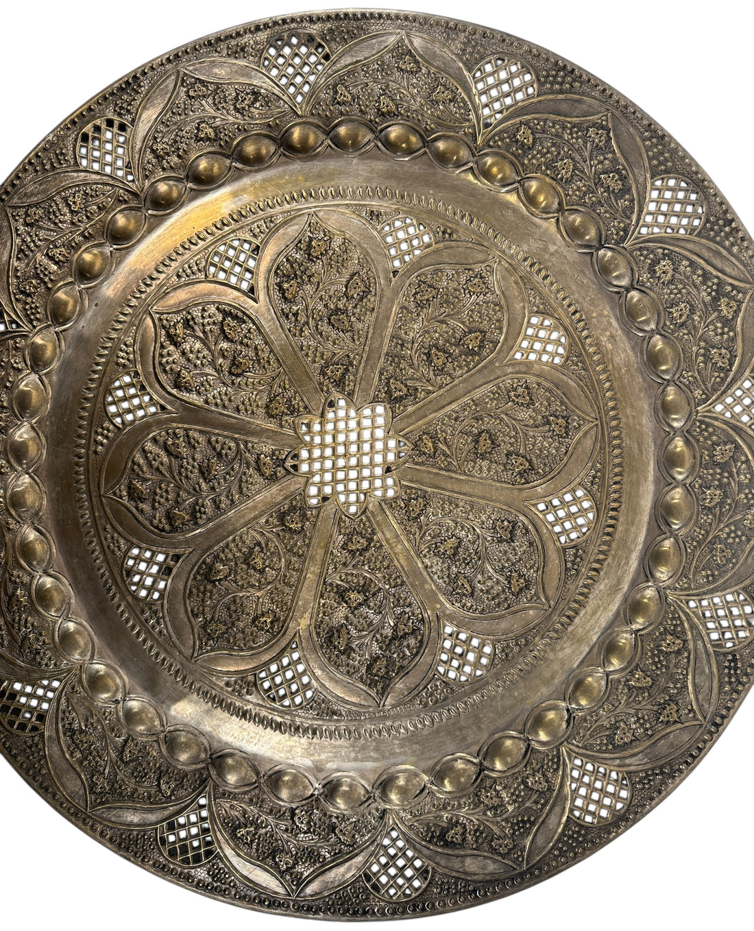 Vintage 24” solid brass tray made in India with hand-chased floral design and pierced edging. Ideal for décor or table use. Classic mid-century export piece.