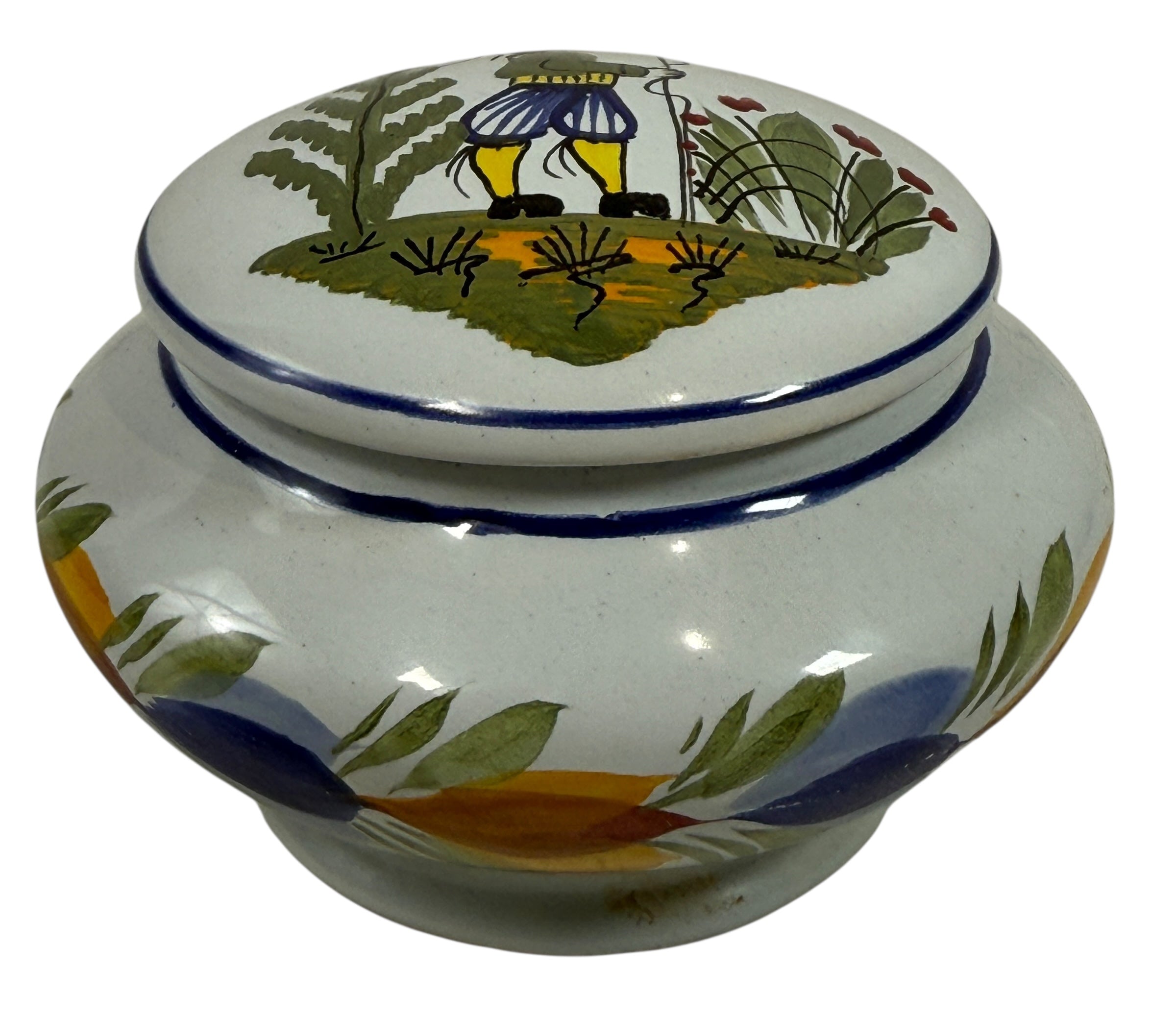 Hand-painted Henriot Quimper faience covered bowl with Breton figure lid, dated 2001. Studio-quality collectible in excellent condition. France-made ceramic.