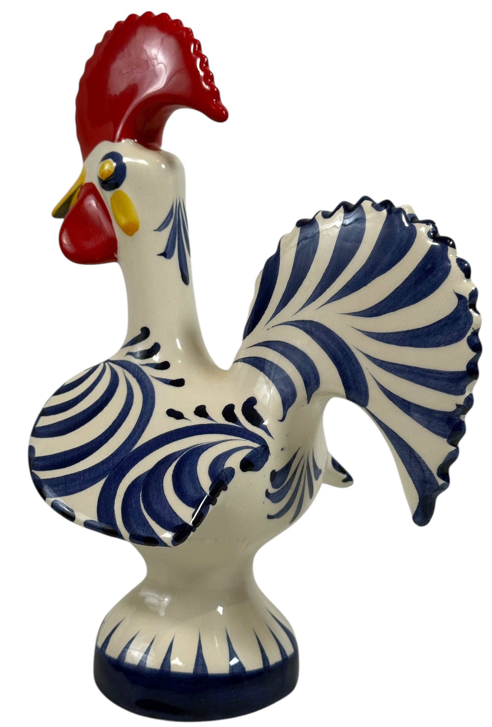 Hand-painted Portuguese ceramic rooster, 8¼” signed studio piece. Cobalt blue folk-art décor with excellent detail. Vintage-style collectible pottery.