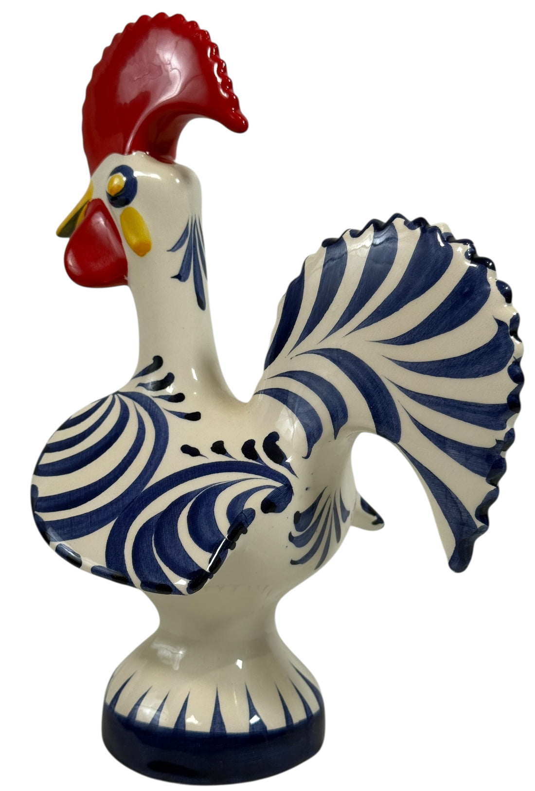 Hand-painted Portuguese ceramic rooster, 8¼” signed studio piece. Cobalt blue folk-art décor with excellent detail. Vintage-style collectible pottery.