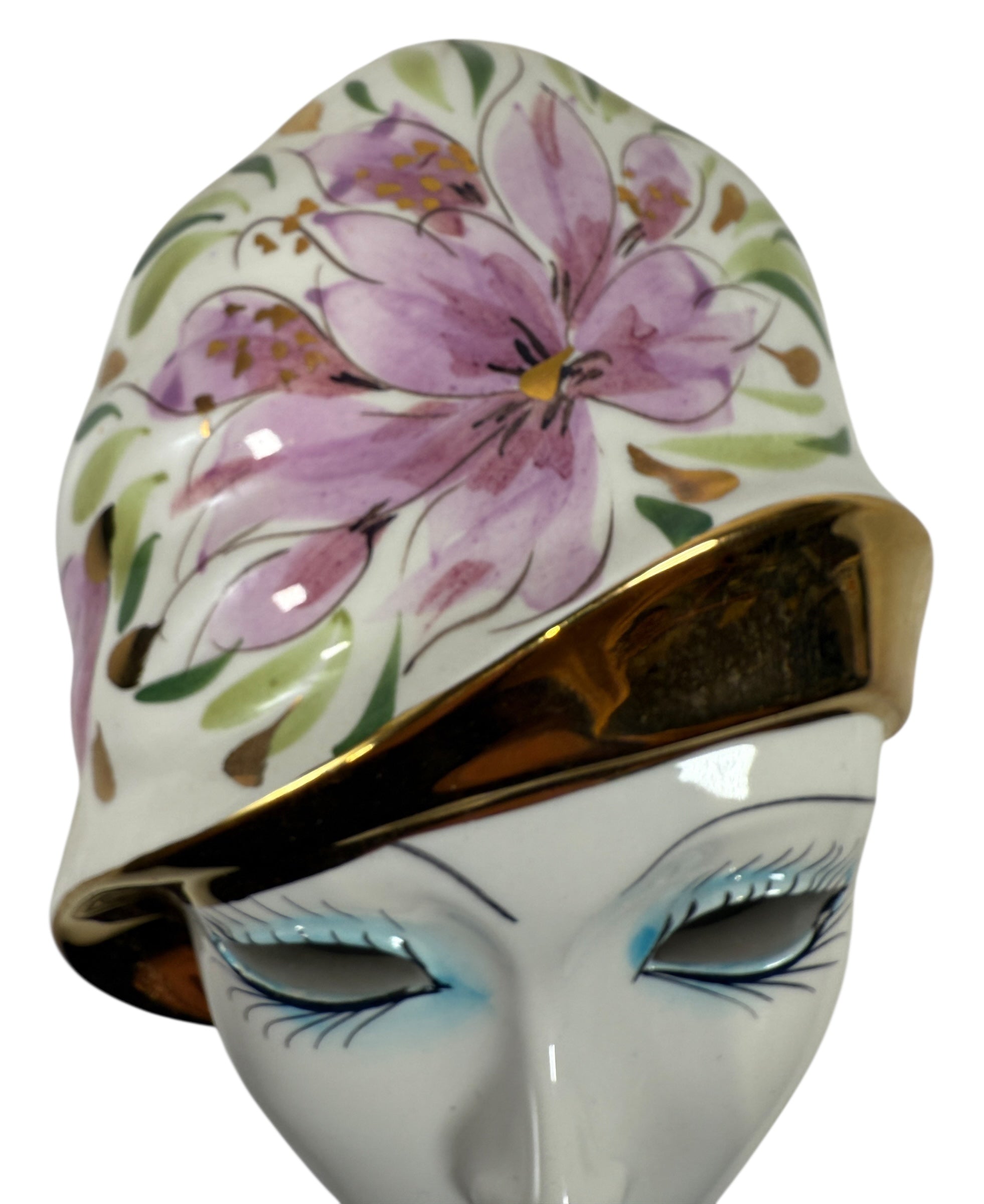 Vintage Italian Capodimonte porcelain wall mask with gold trim. Hand-painted decorative ceramic wall art made in Italy.