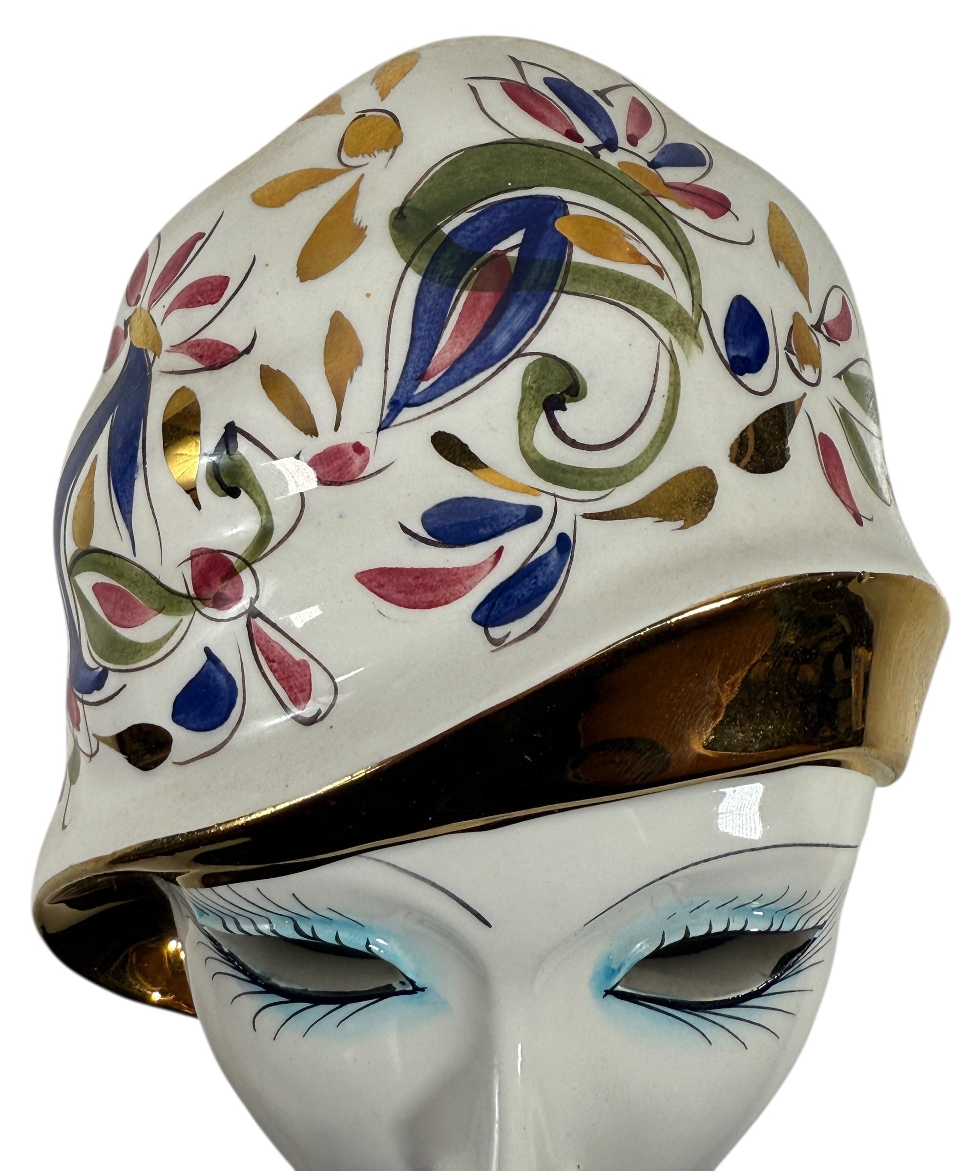 Vintage Italian ceramic wall mask from Modena with hand-painted floral design and gold accents. Authentic mid-century wall décor made in Italy.