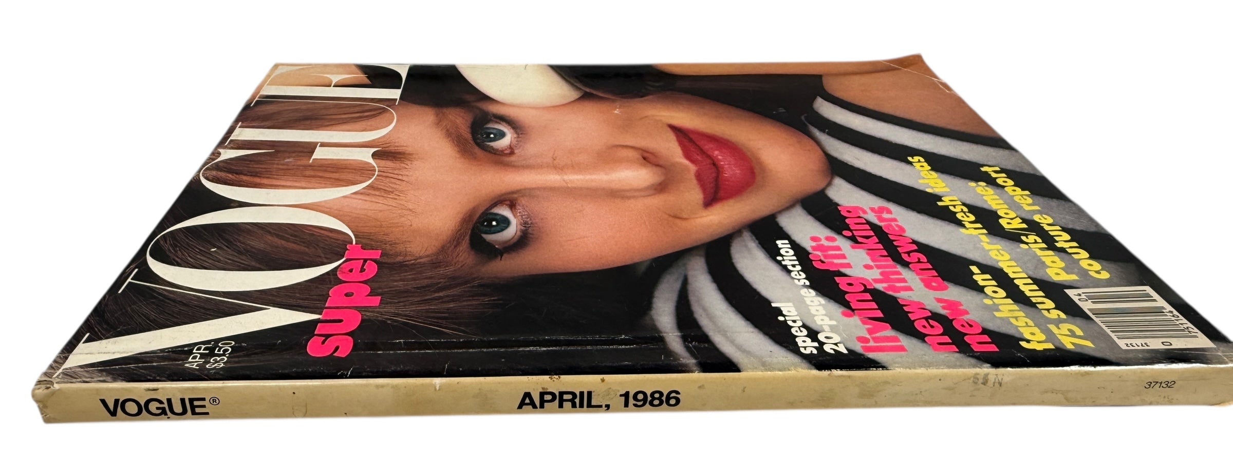 Vintage Vogue April 1986 magazine featuring Monika Schnarre on the Super cover with Paris and Rome couture report and Living Fit fashion section.