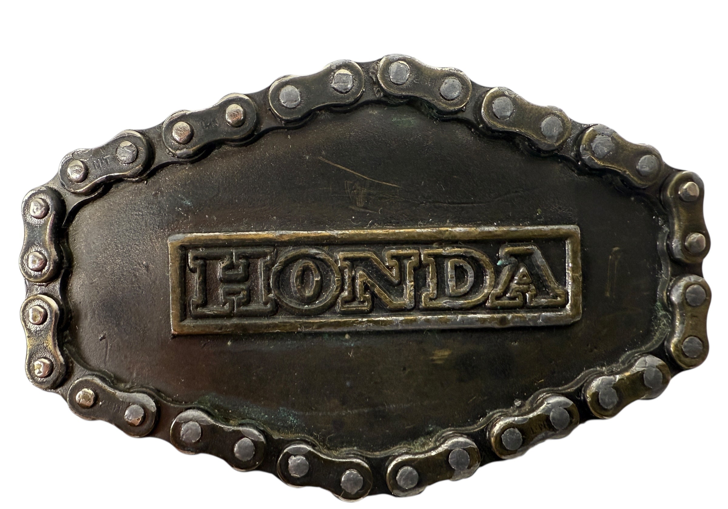 Vintage 1976 Honda motorcycle belt buckle by Great American Buckle Co. USA-made with real chain edge, authentic biker collectible.