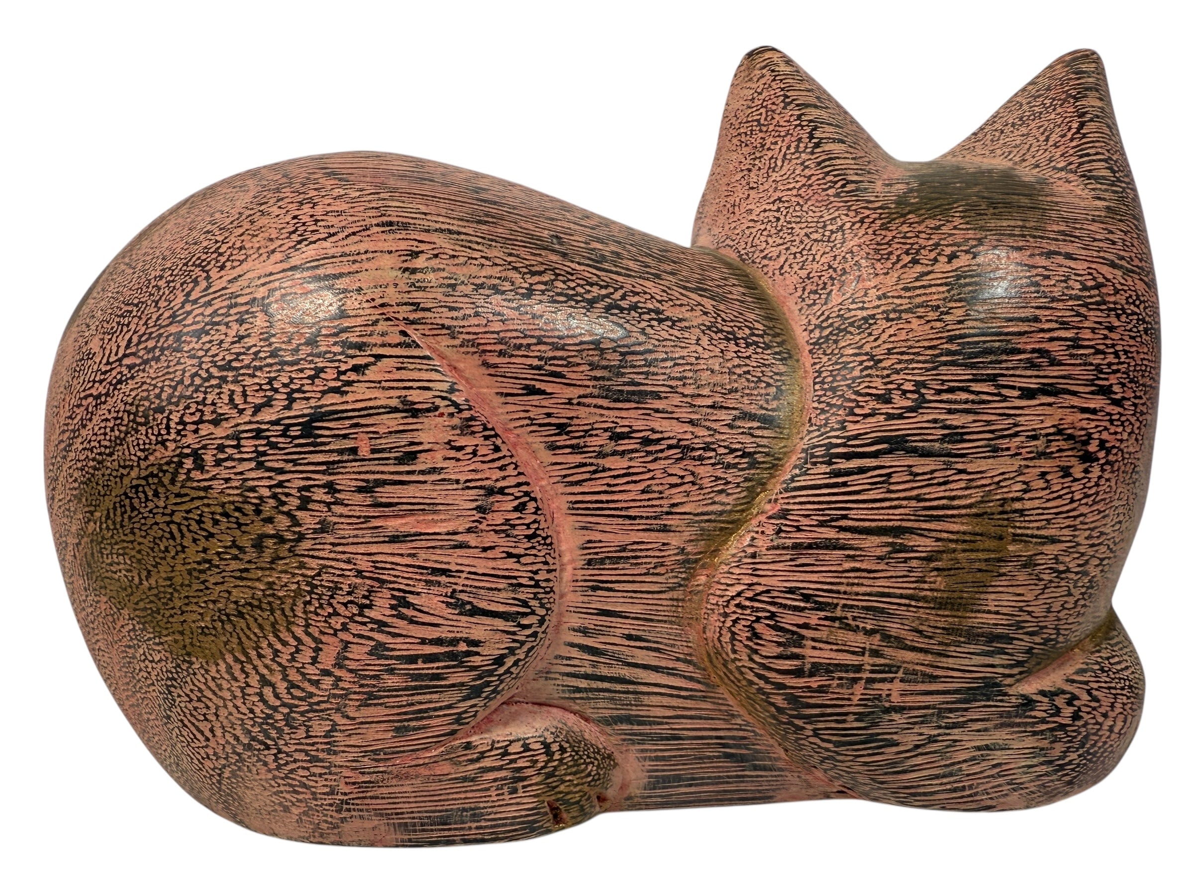 Hand-carved wooden cat sculpture in folk art style. Solid wood, decorative carved texture, warm natural finish. Unique décor piece for cat lovers.