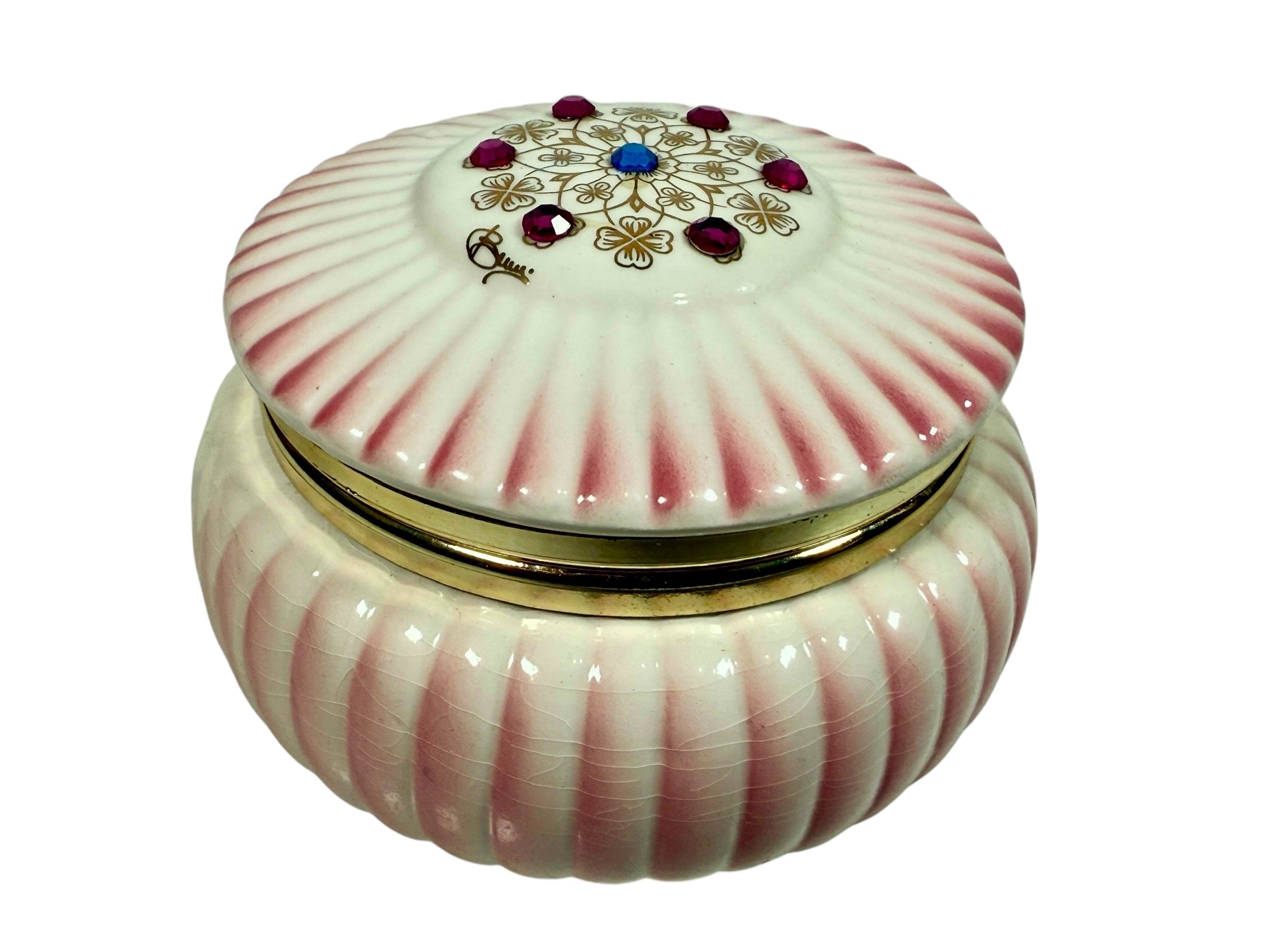 Vintage Italian porcelain trinket box with jeweled lid, Capodimonte-style décor, Made in Italy, mid-century vanity box with gilt floral details.
