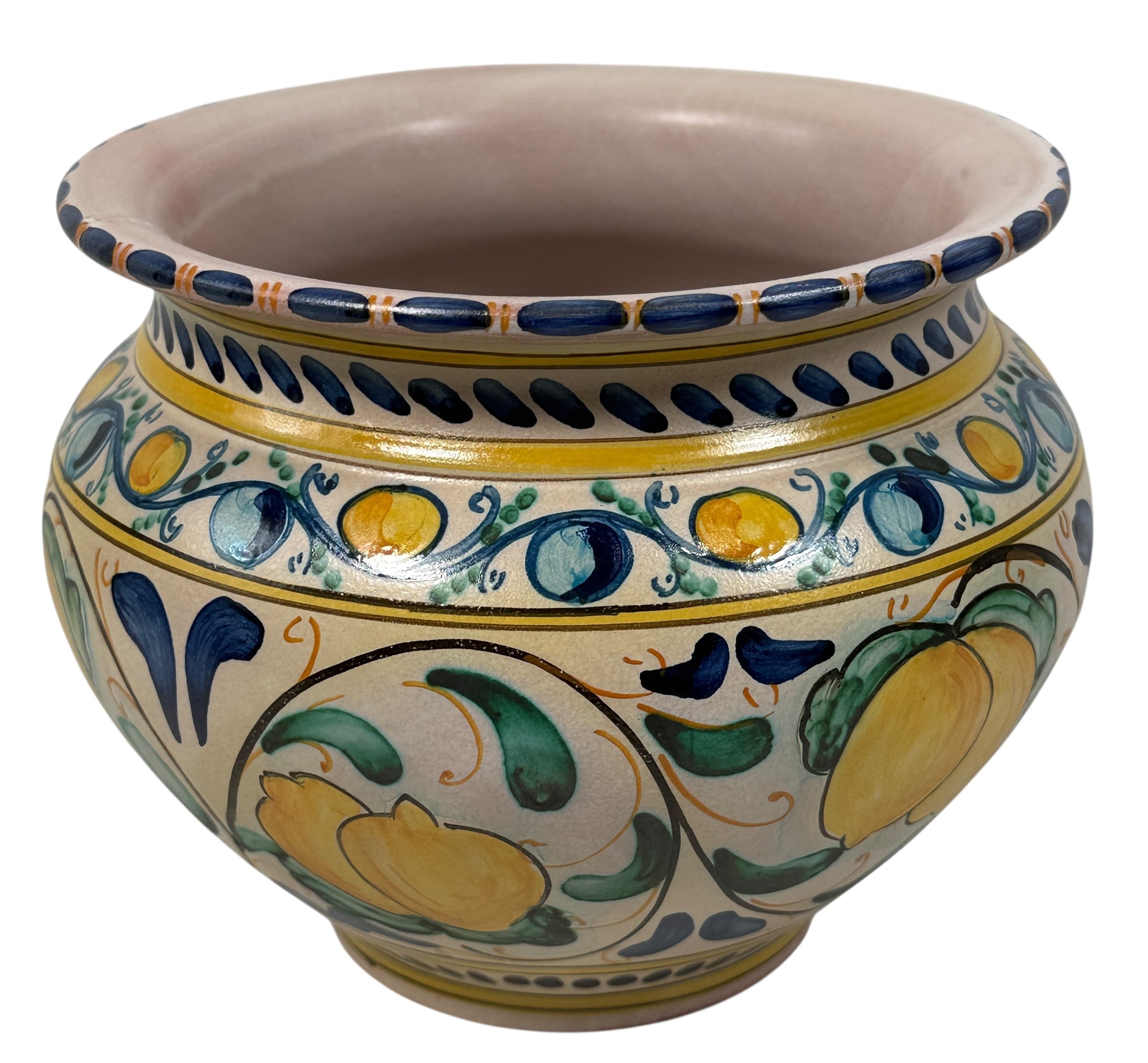 Hand-painted Spanish ceramic planter in blue and yellow majolica style. Vintage decorative cachepot with folk-art charm, ideal for plants or display.
