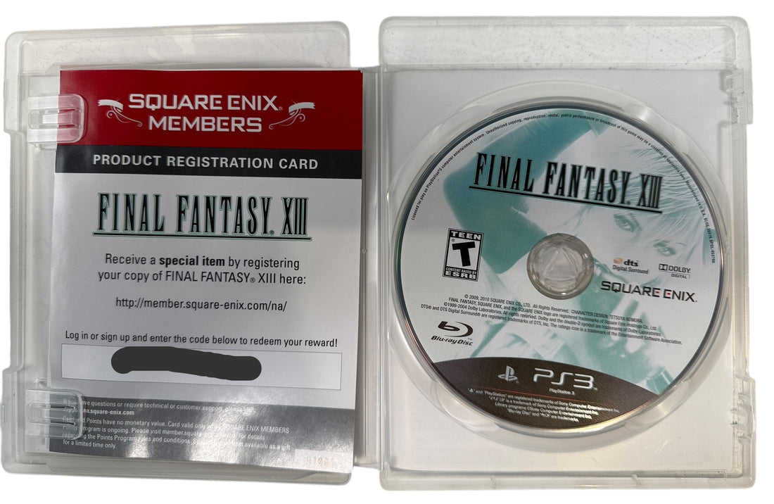 Final Fantasy XIII for PS3 complete in original case. Clean disc, Square Enix RPG with cinematic visuals, story-driven gameplay, and classic PS3 era appeal.