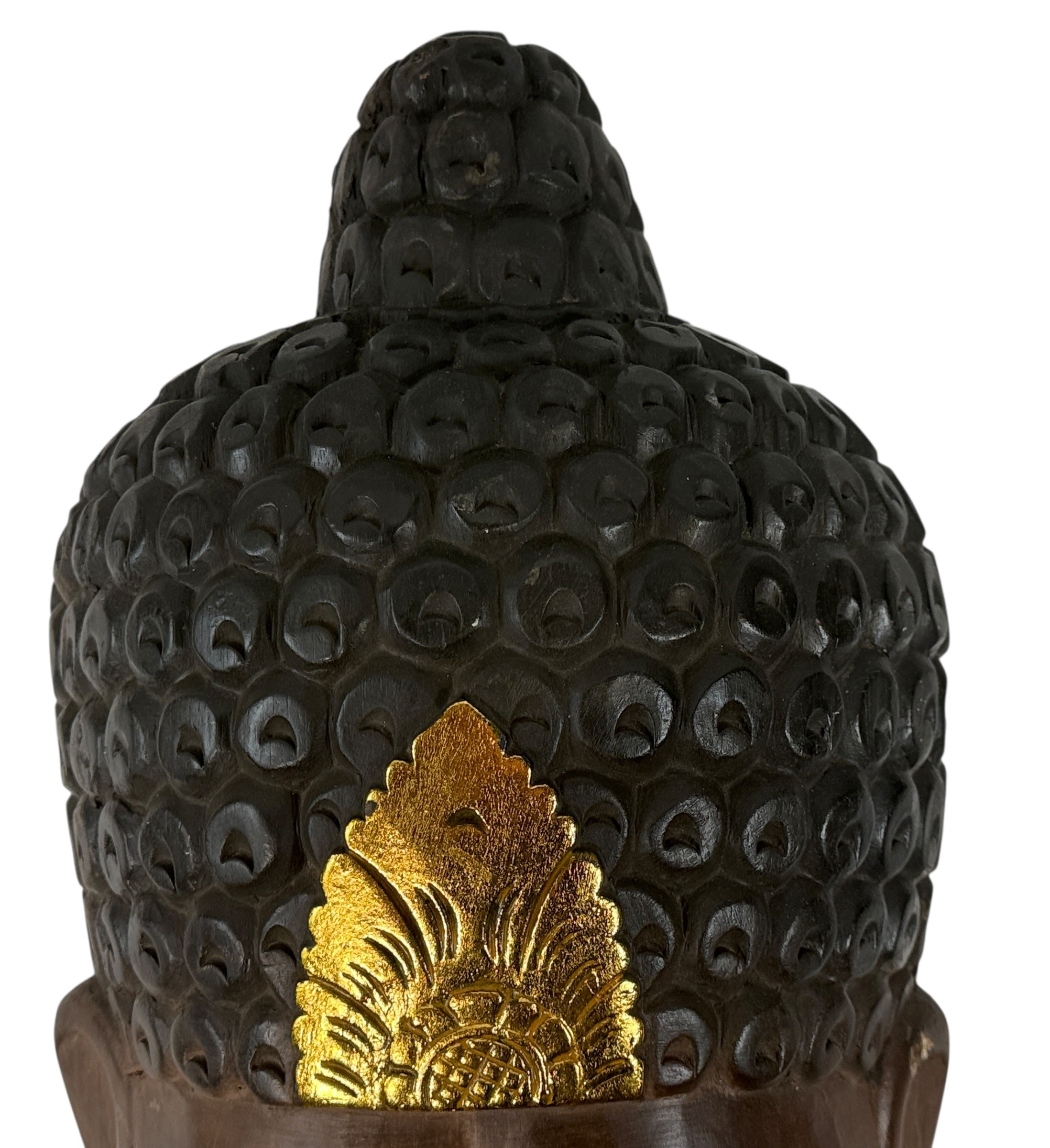 Large hand-carved wooden Buddha wall mask with gold accents, 20 inches tall. Southeast Asian decorative carving, hollow-back wall mount.