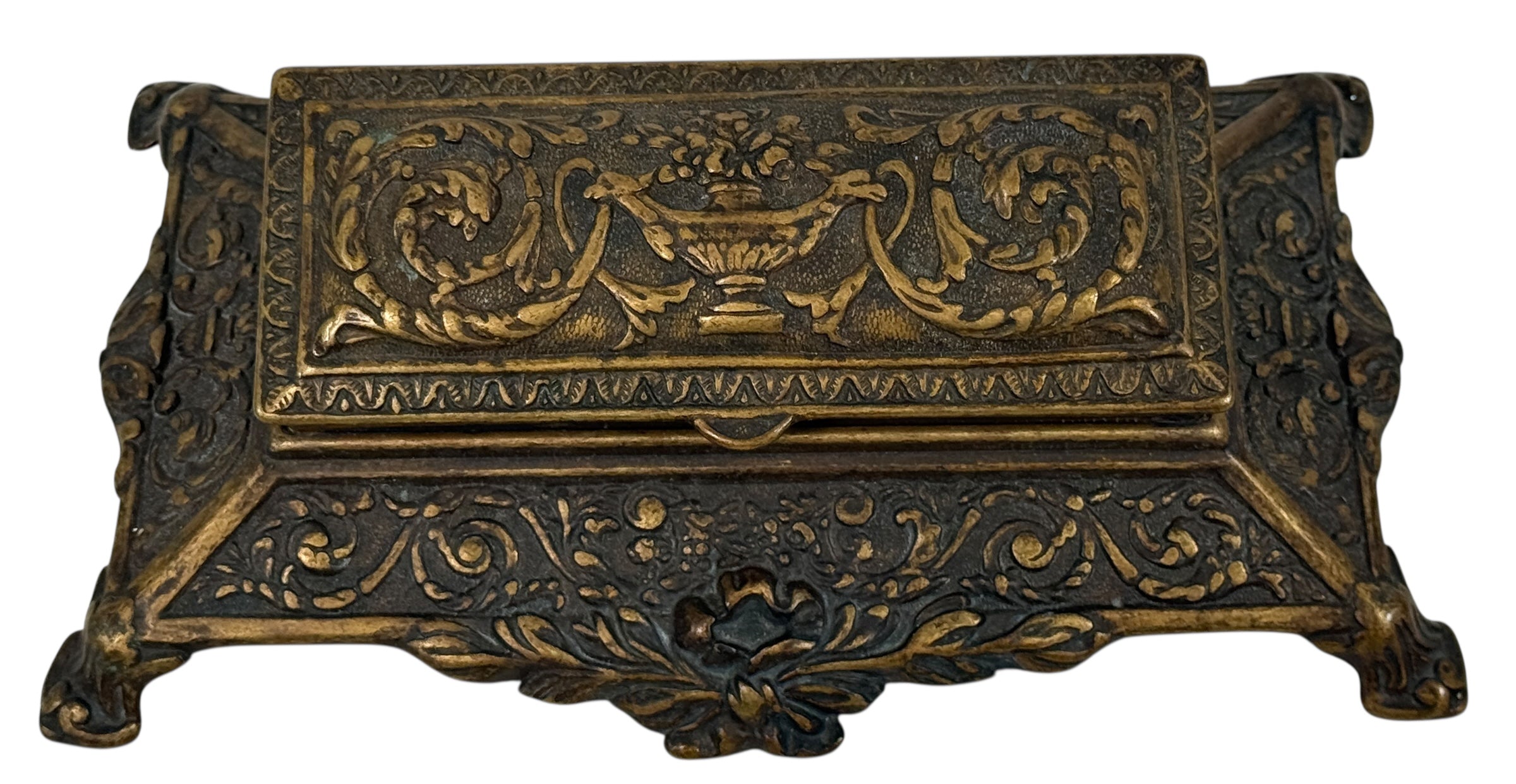 Vintage Italian cast metal desk stamp box in antique Victorian style with divided interior and aged bronze finish. Decorative postal desk accessory.