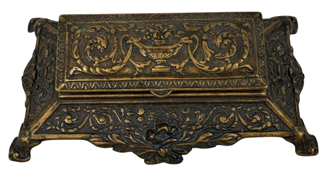 Vintage Italian cast metal desk stamp box in antique Victorian style with divided interior and aged bronze finish. Decorative postal desk accessory.