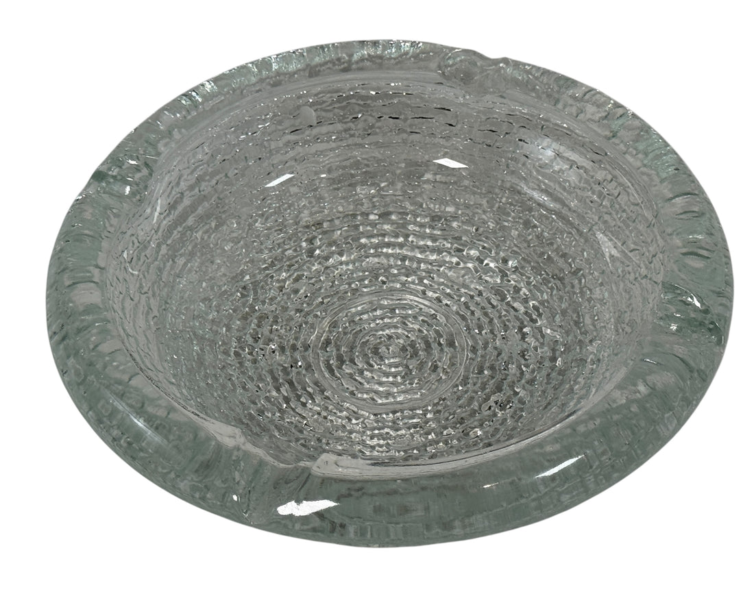 Vintage Iittala Ultima Thule glass ashtray by Tapio Wirkkala, 8 inch diameter. Iconic Finnish modernist pressed glass design.