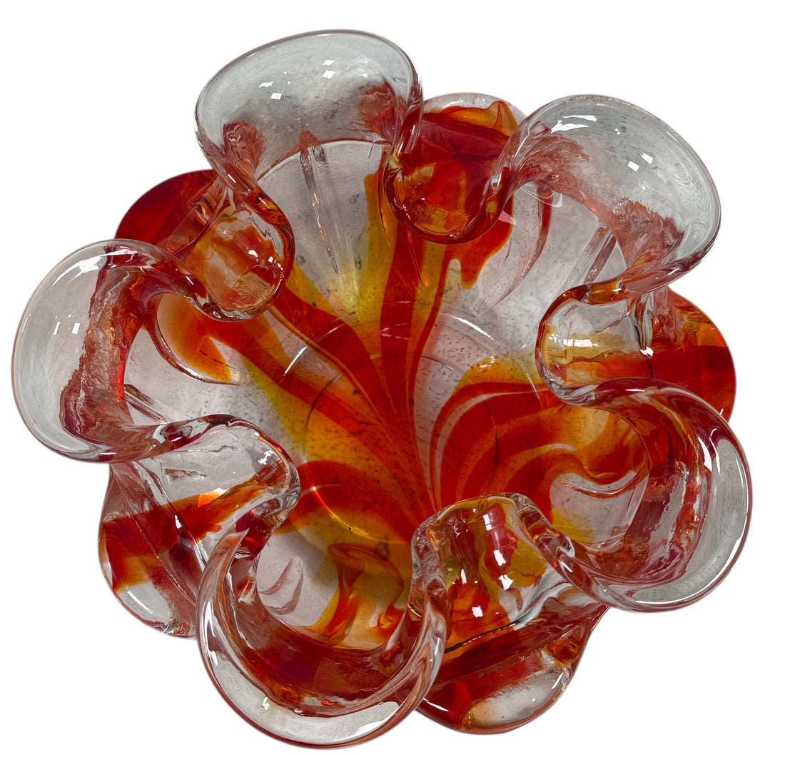 Vintage Murano-style Italian sommerso art glass bowl with red and amber encased glass and folded rim. Hand-blown decorative bowl, 6 inches wide.