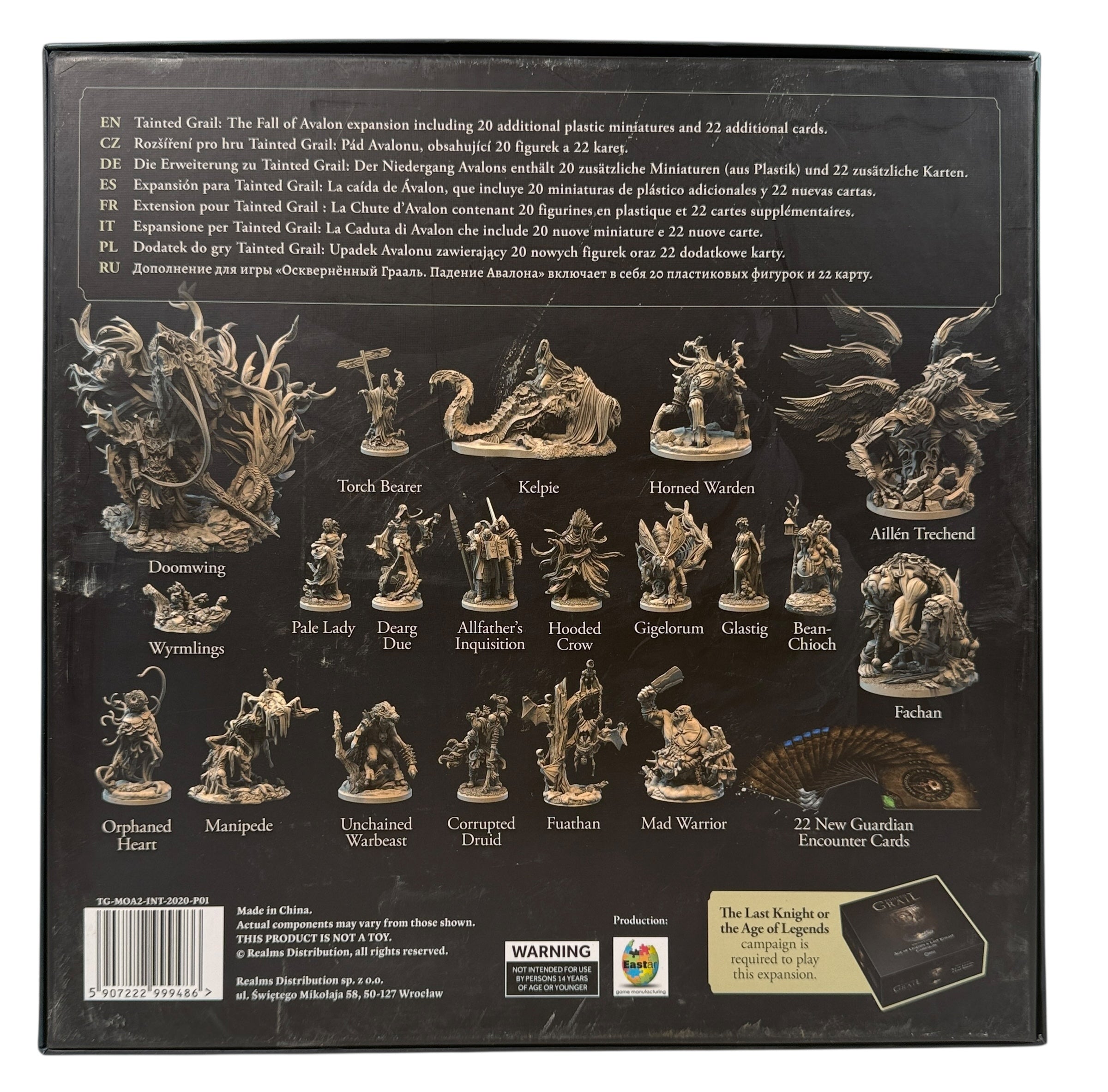 Out-of-print Tainted Grail Monsters of Avalon expansion with 20 miniatures and 22 cards. Complete, unpainted, excellent condition.