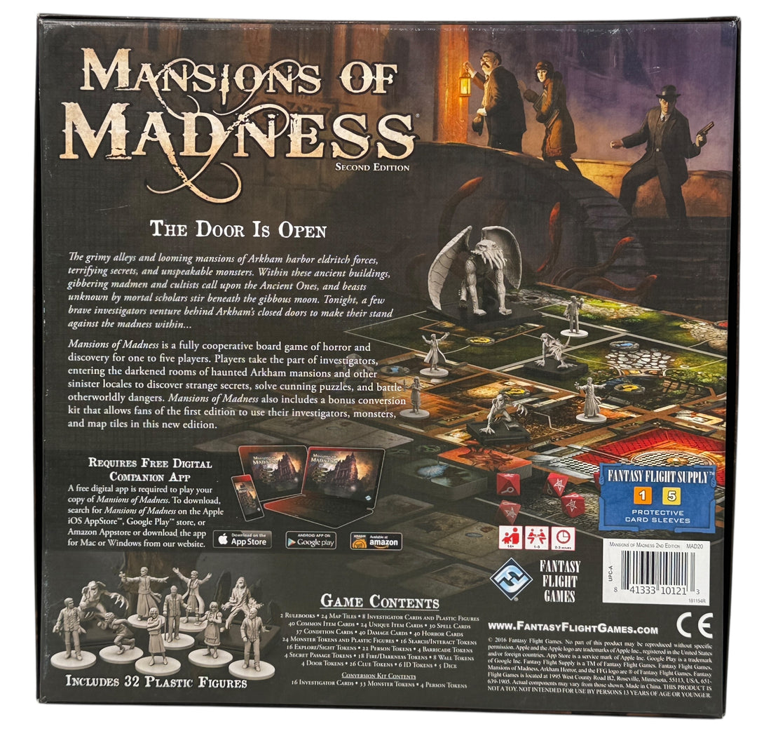 Cooperative horror board game for 1–5 players. Mansions of Madness Second Edition by Fantasy Flight, complete with tiles, minis, and rules.