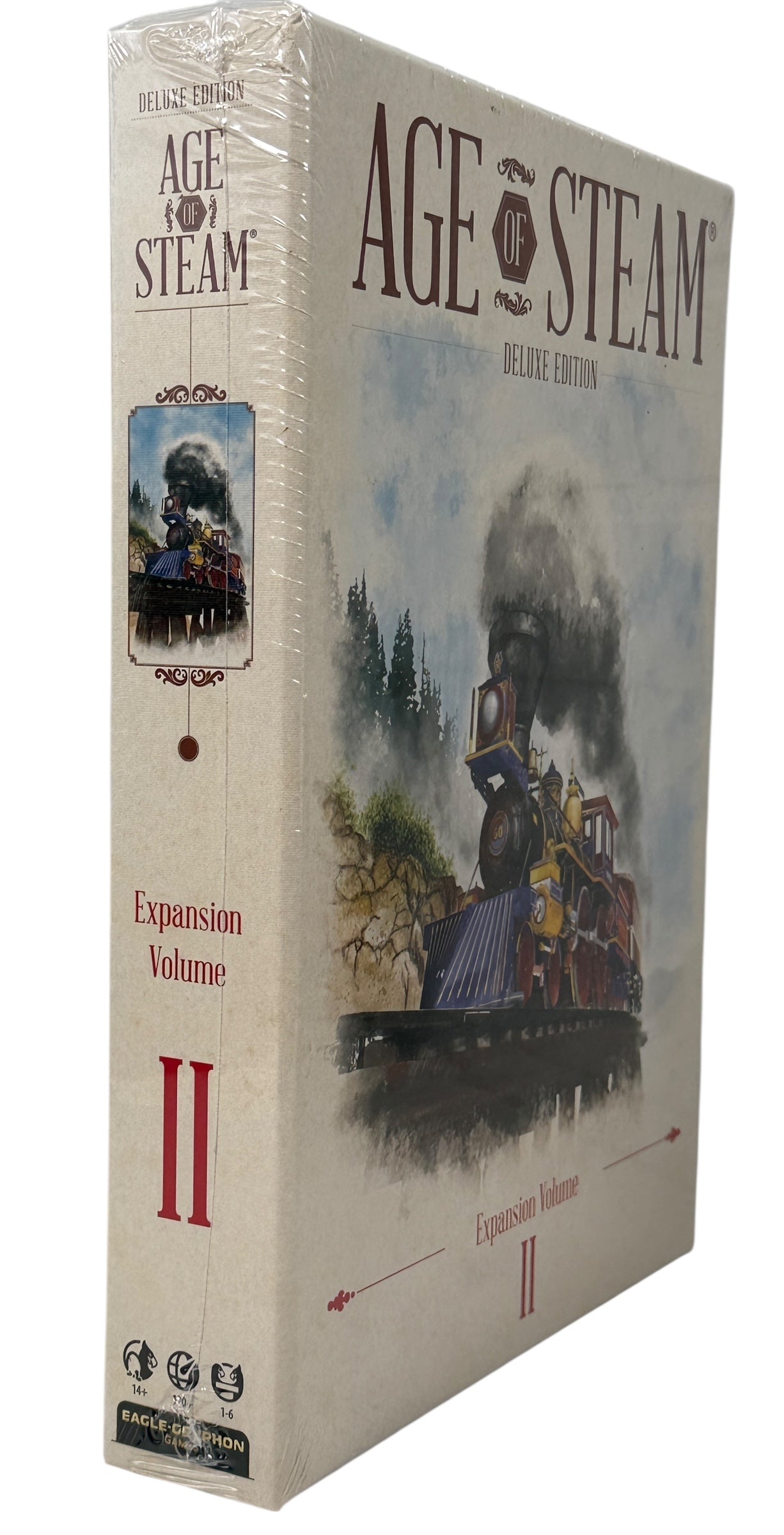 Sealed Age of Steam Deluxe Expansion Volume II with 7 maps including solo play. Essential expansion for fans of the classic railway strategy game.