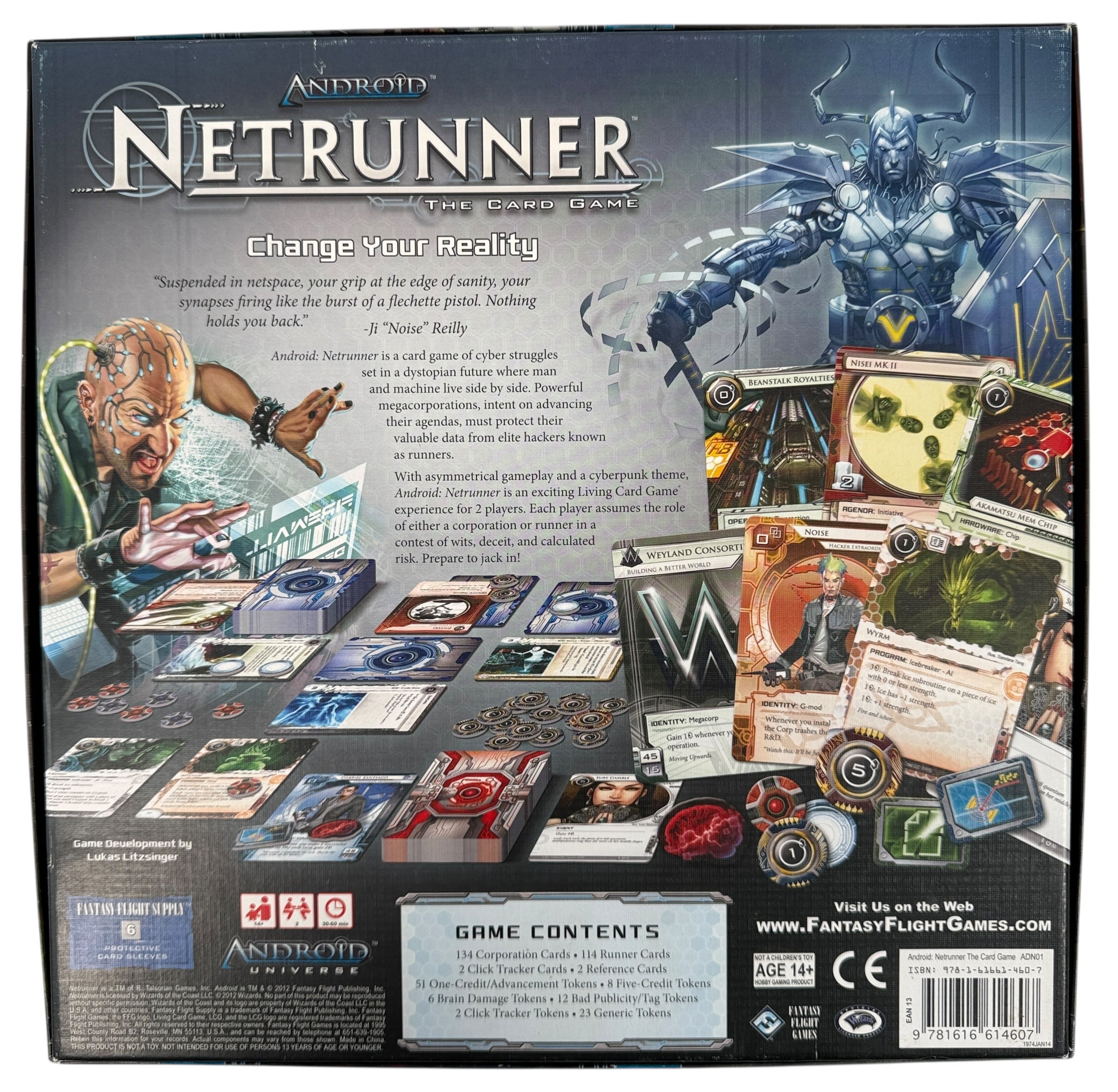 Out-of-print Android Netrunner Core Set by Fantasy Flight Games. Complete with sealed cards and unused tokens. Collector-grade cyberpunk card game.