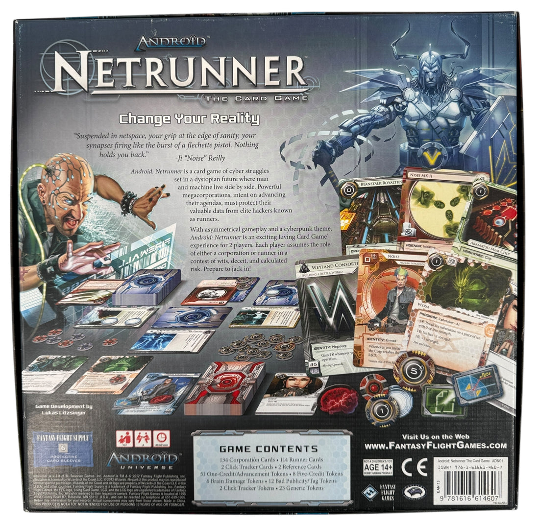 Out-of-print Android Netrunner Core Set by Fantasy Flight Games. Complete with sealed cards and unused tokens. Collector-grade cyberpunk card game.