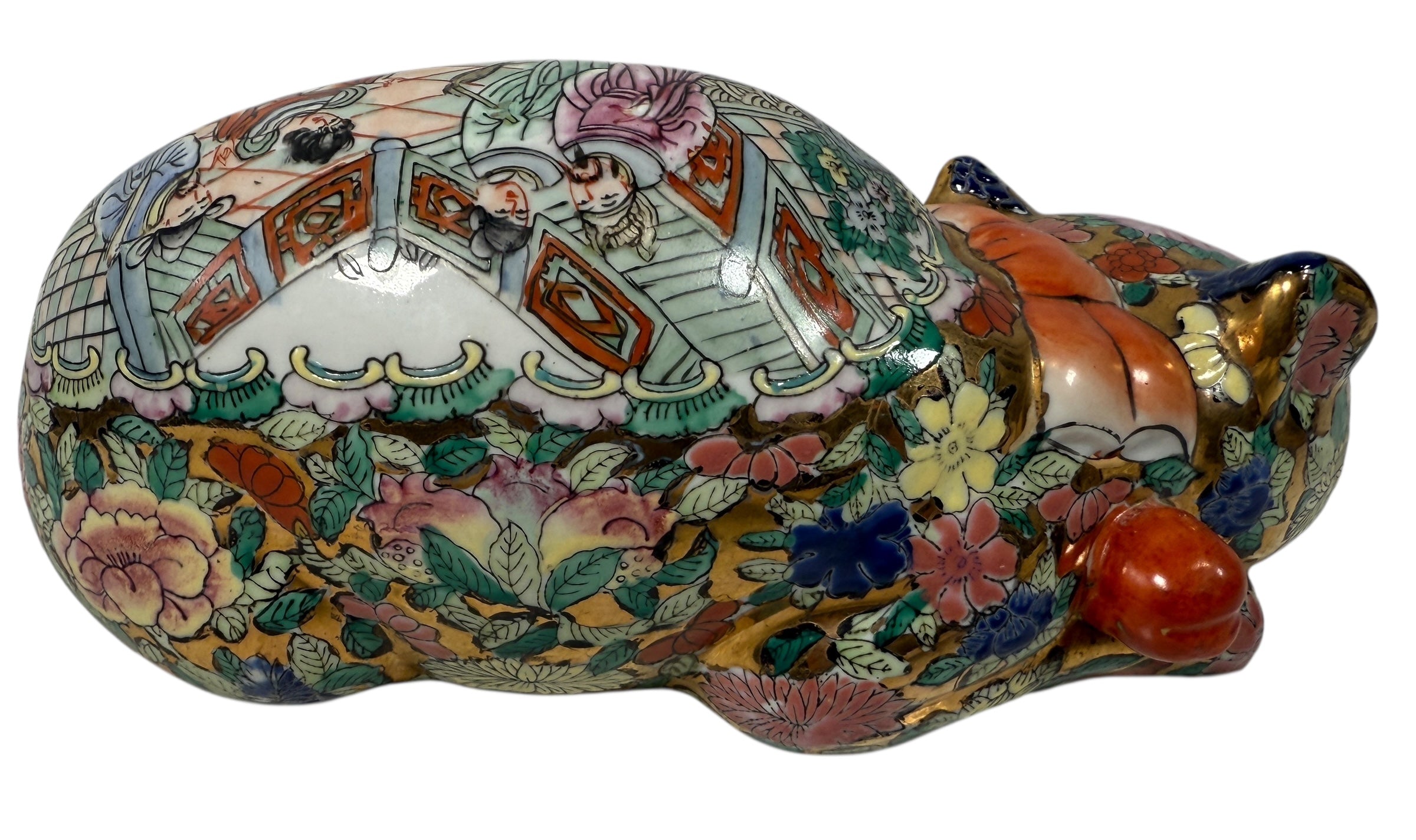 Large hand-painted Asian porcelain sleeping cat with floral décor and gold gilt. Mid-century Chinese export statement décor piece.