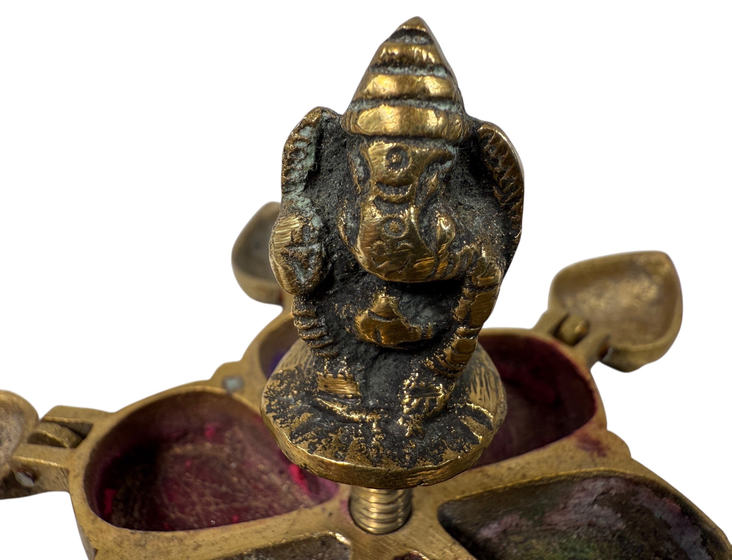 Vintage Indian brass folding incense burner with Ganesha, six hinged compartments in lotus form. Solid brass devotional ritual piece.
