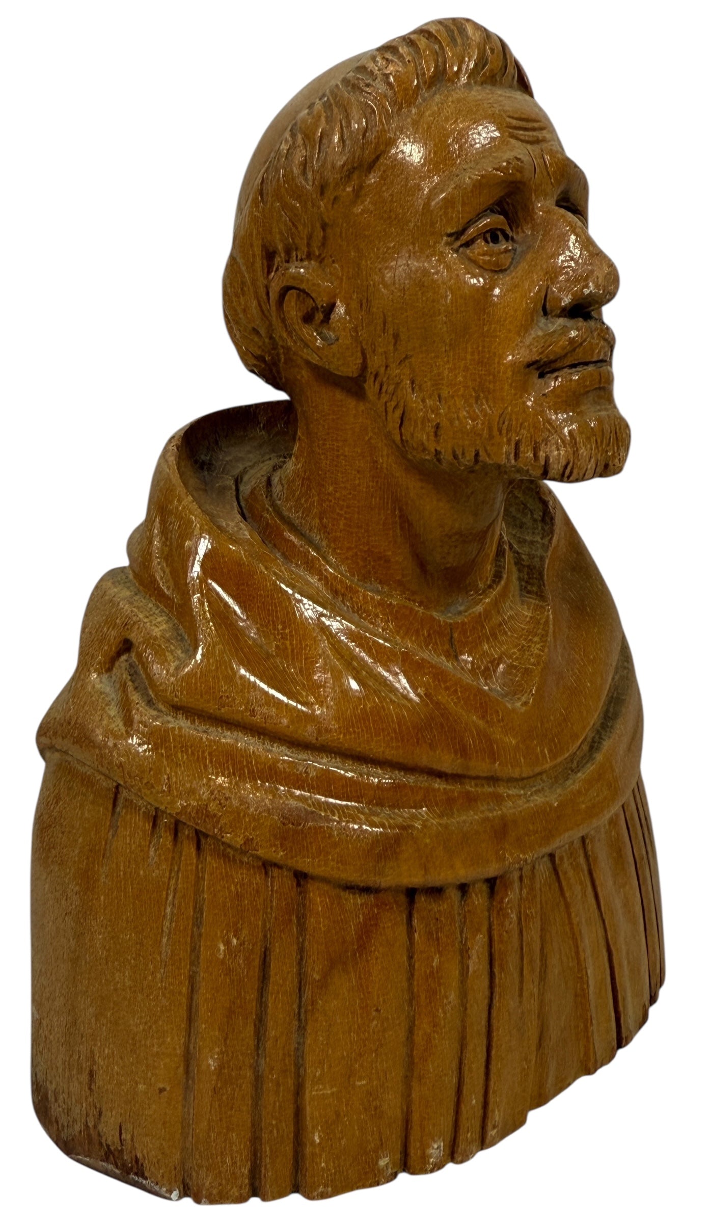 Hand-carved mid-century wood monk bust. Vintage religious décor from Europe. Warm handcrafted detail. Ideal for collectors and spiritual home staging.
