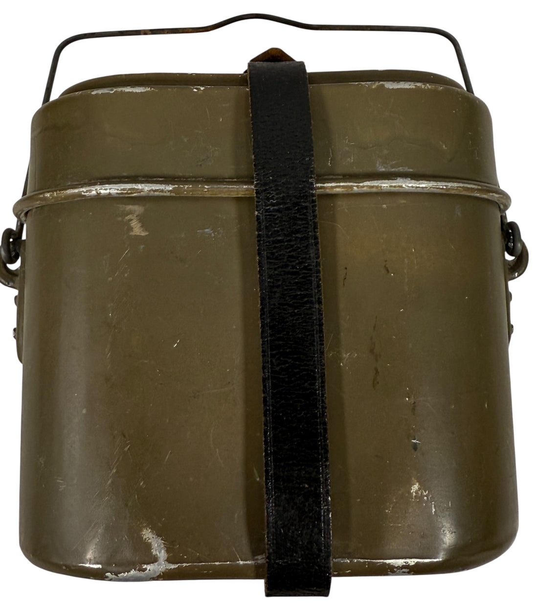 Vintage Swedish Army steel mess kit with original leather strap, WWII era field gear in good condition. Collectible military surplus. Fast shipping from Canada.