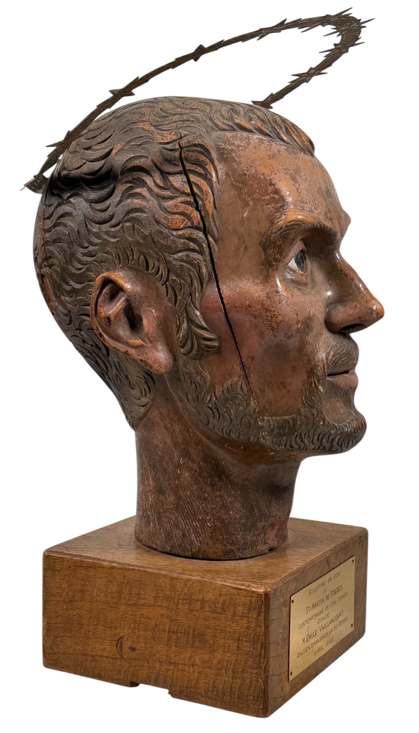 Wood bust of Saint Martin de Porres (1962) with diplomatic provenance from Canadian Ambassador in Peru. Glass eyes, halo, presentation plaque. Rare devotional art.